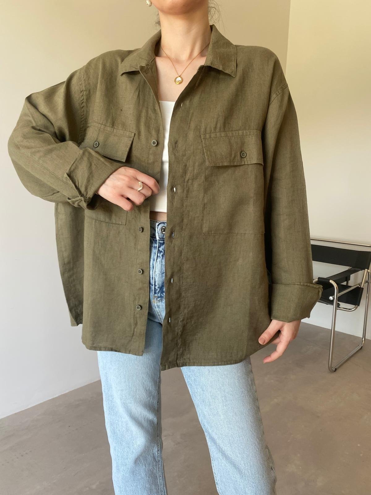 Haki Çift Cepli Ham Keten Gömlek