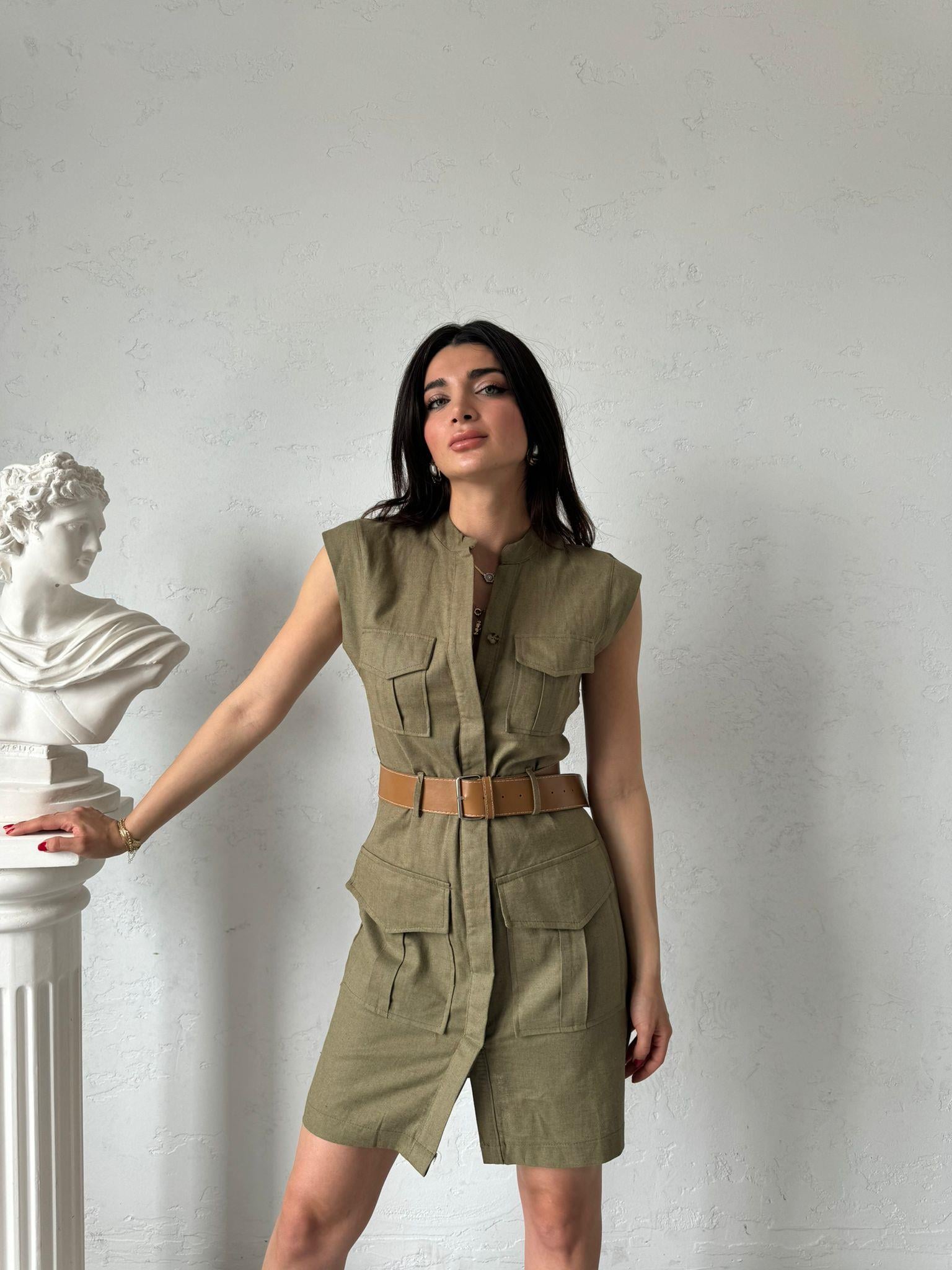 Haki Kemerli Safari Keten Elbise