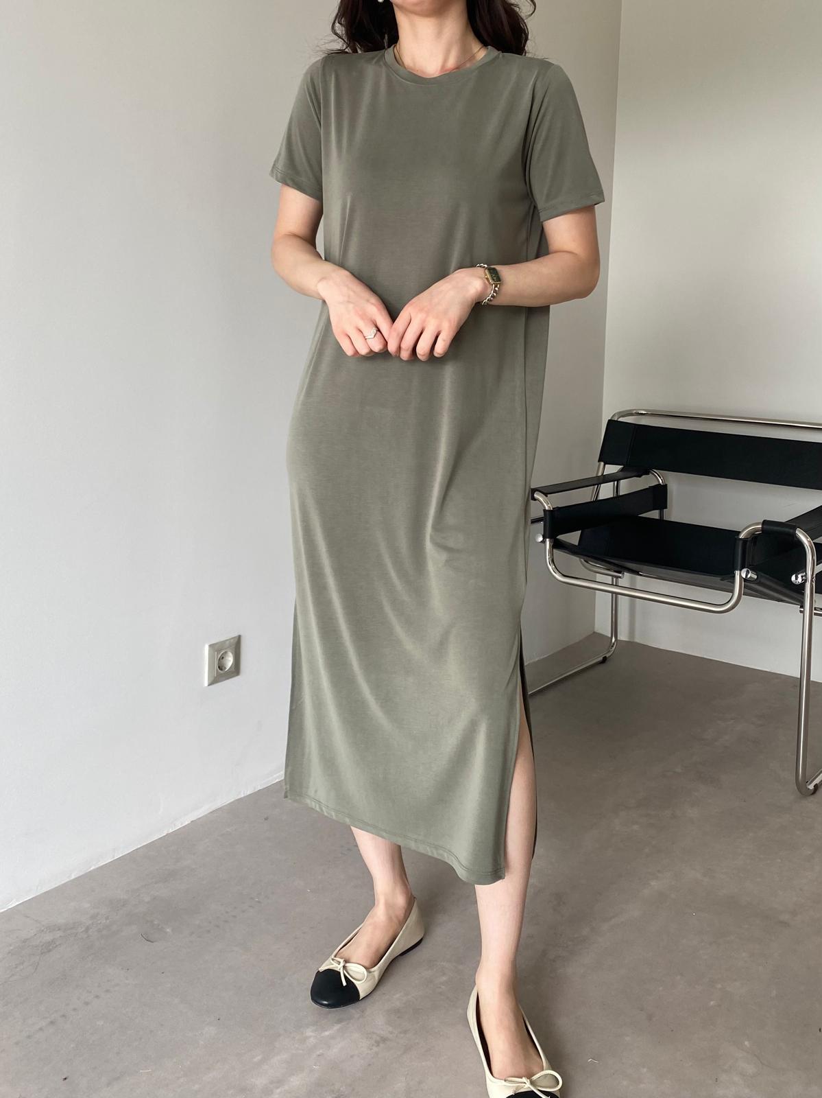 Haki Yırtmaçlı Basic Flora Elbise