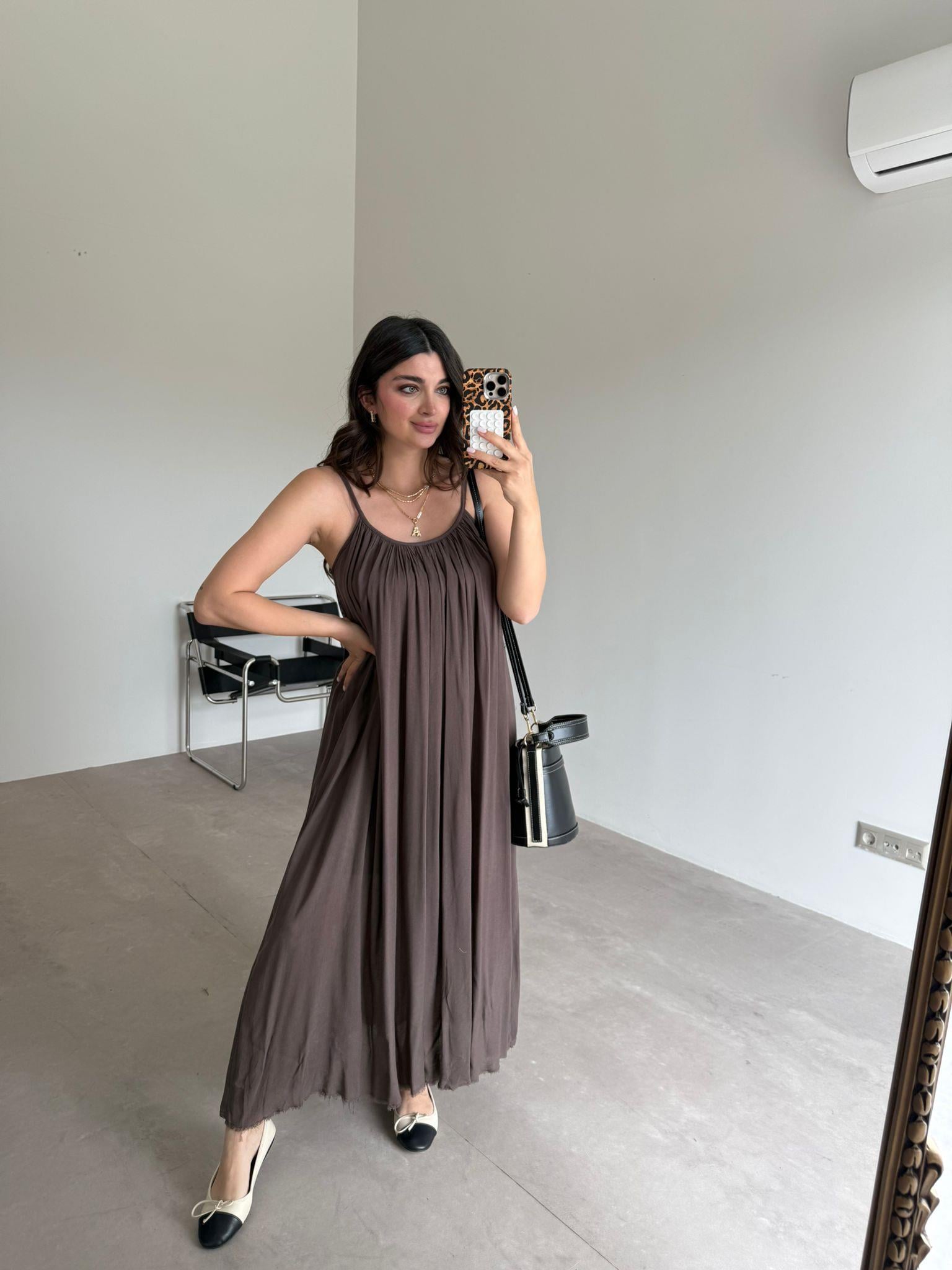 Kahve Askılı Shay Elbise
