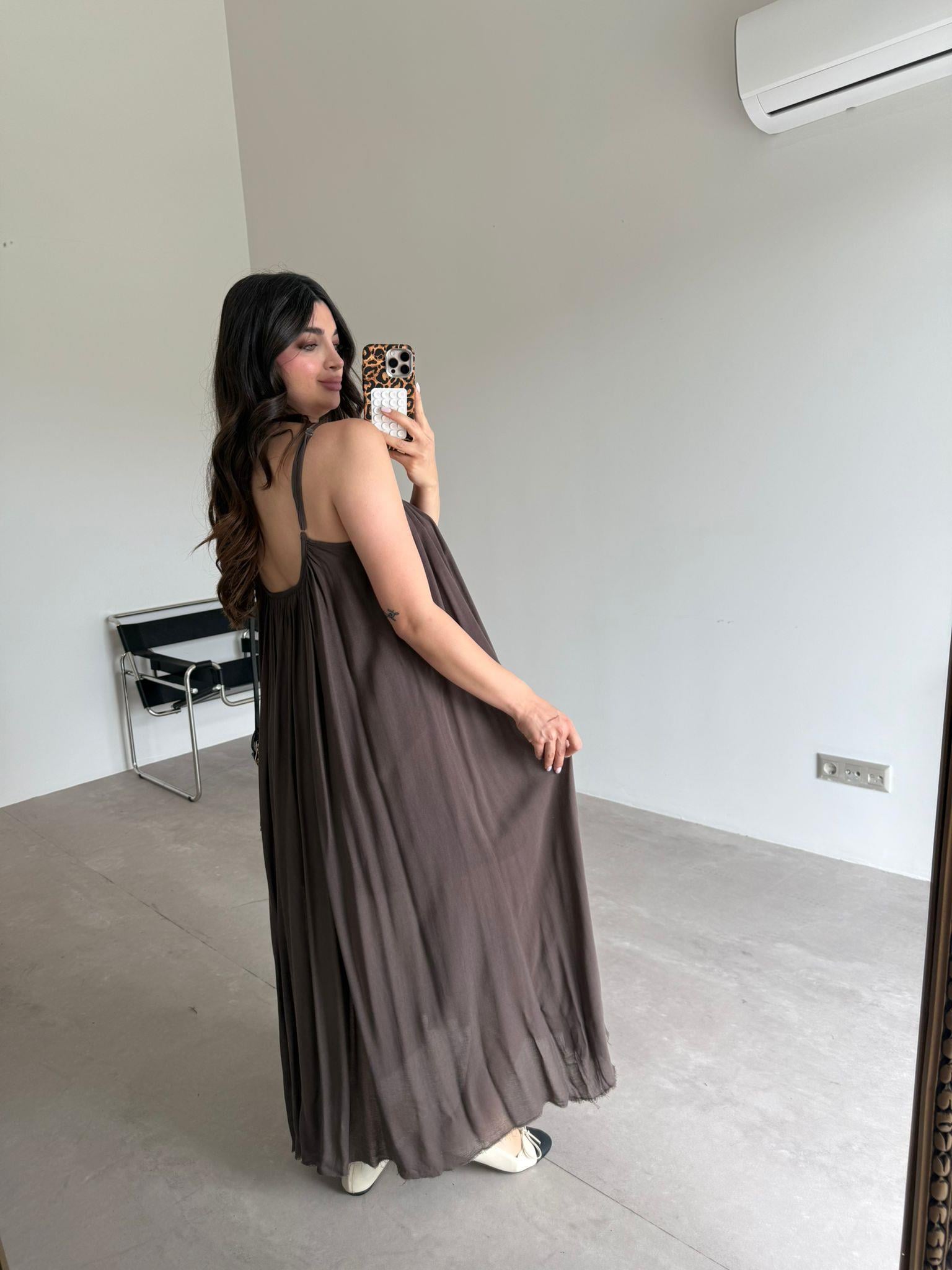 Kahve Askılı Shay Elbise