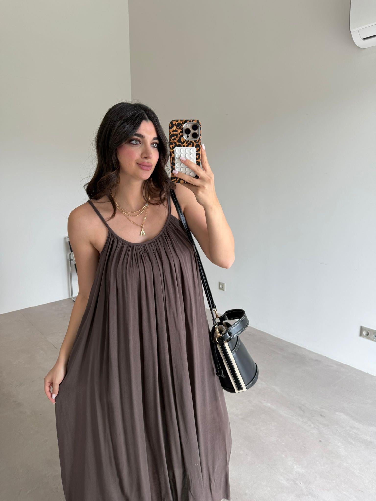 Kahve Askılı Shay Elbise