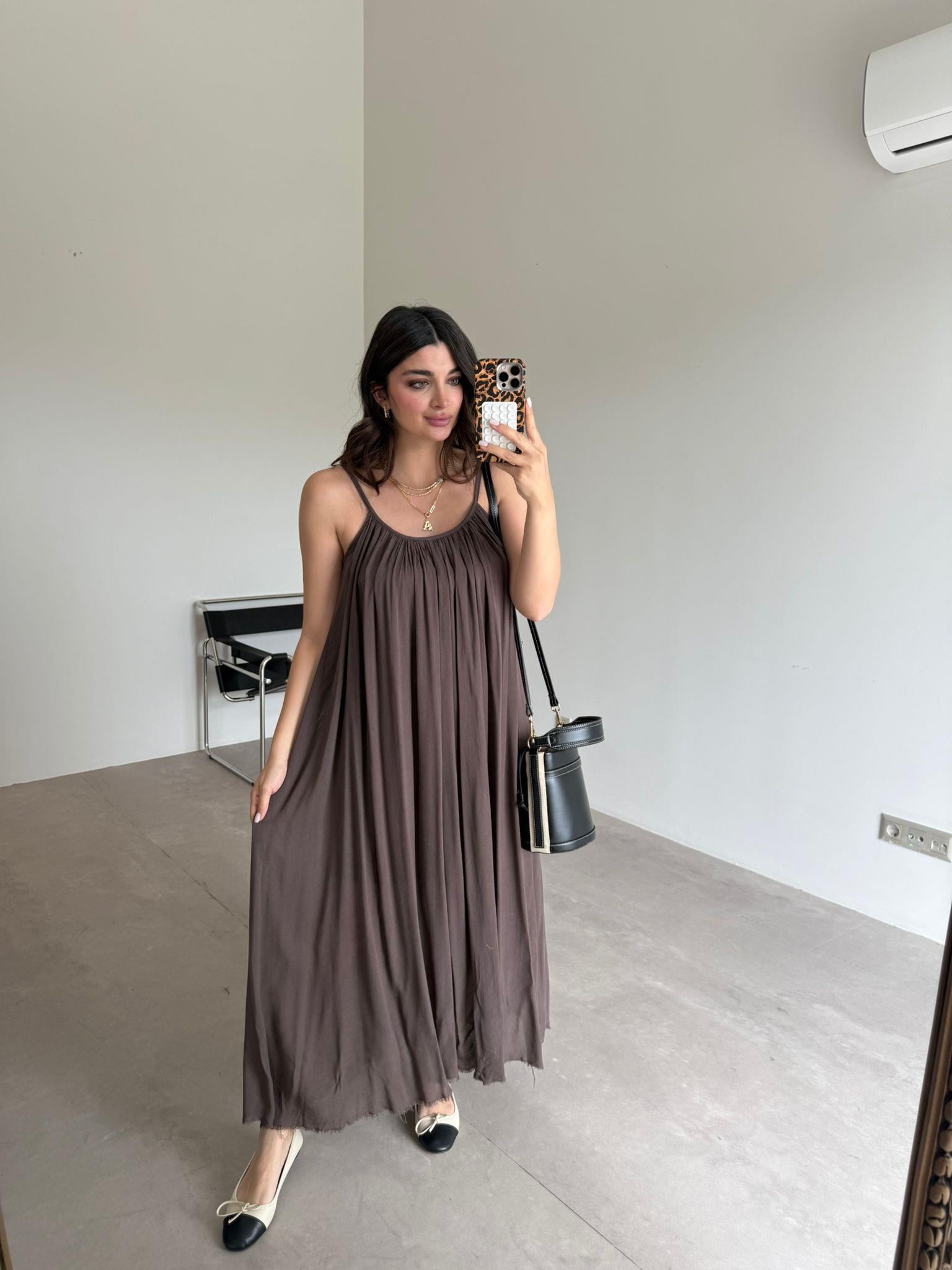 Kahve Askılı Shay Elbise