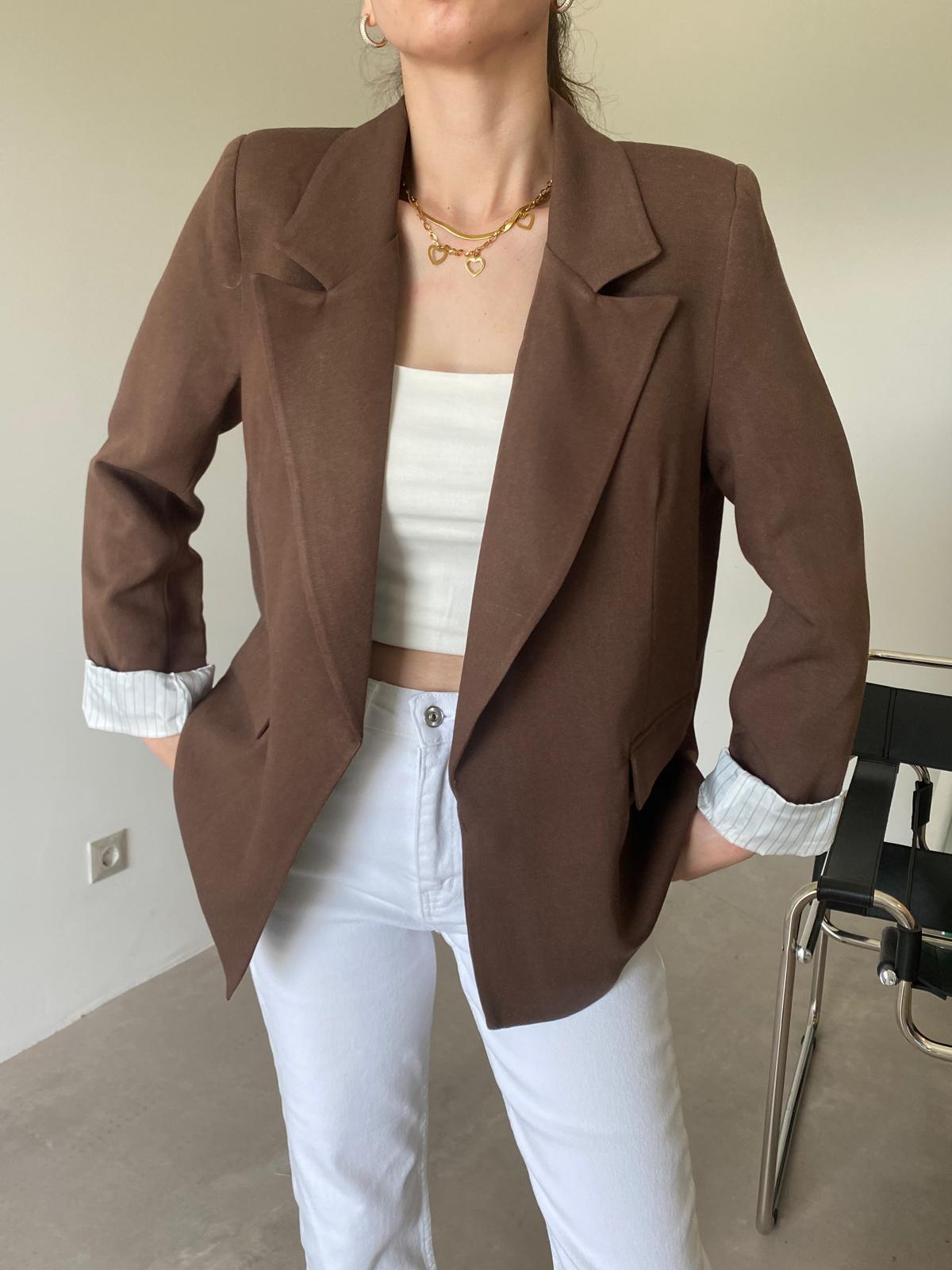 Kahve Astarlı Keten Blazer Ceket