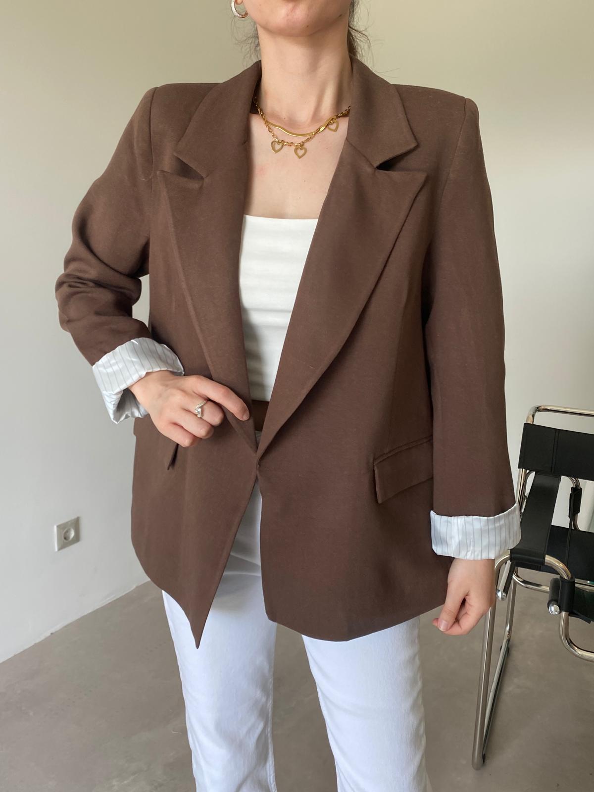 Kahve Astarlı Keten Blazer Ceket