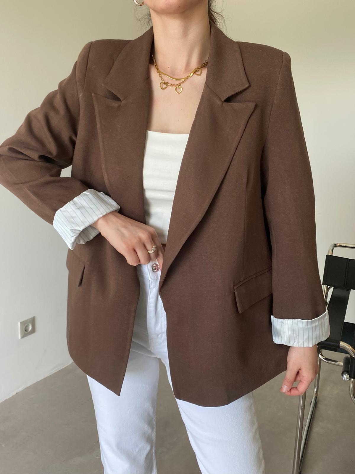 Kahve Astarlı Keten Blazer Ceket