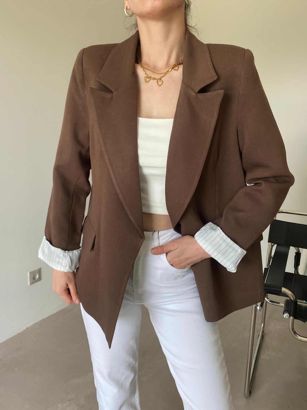 Kahve Astarlı Keten Blazer Ceket