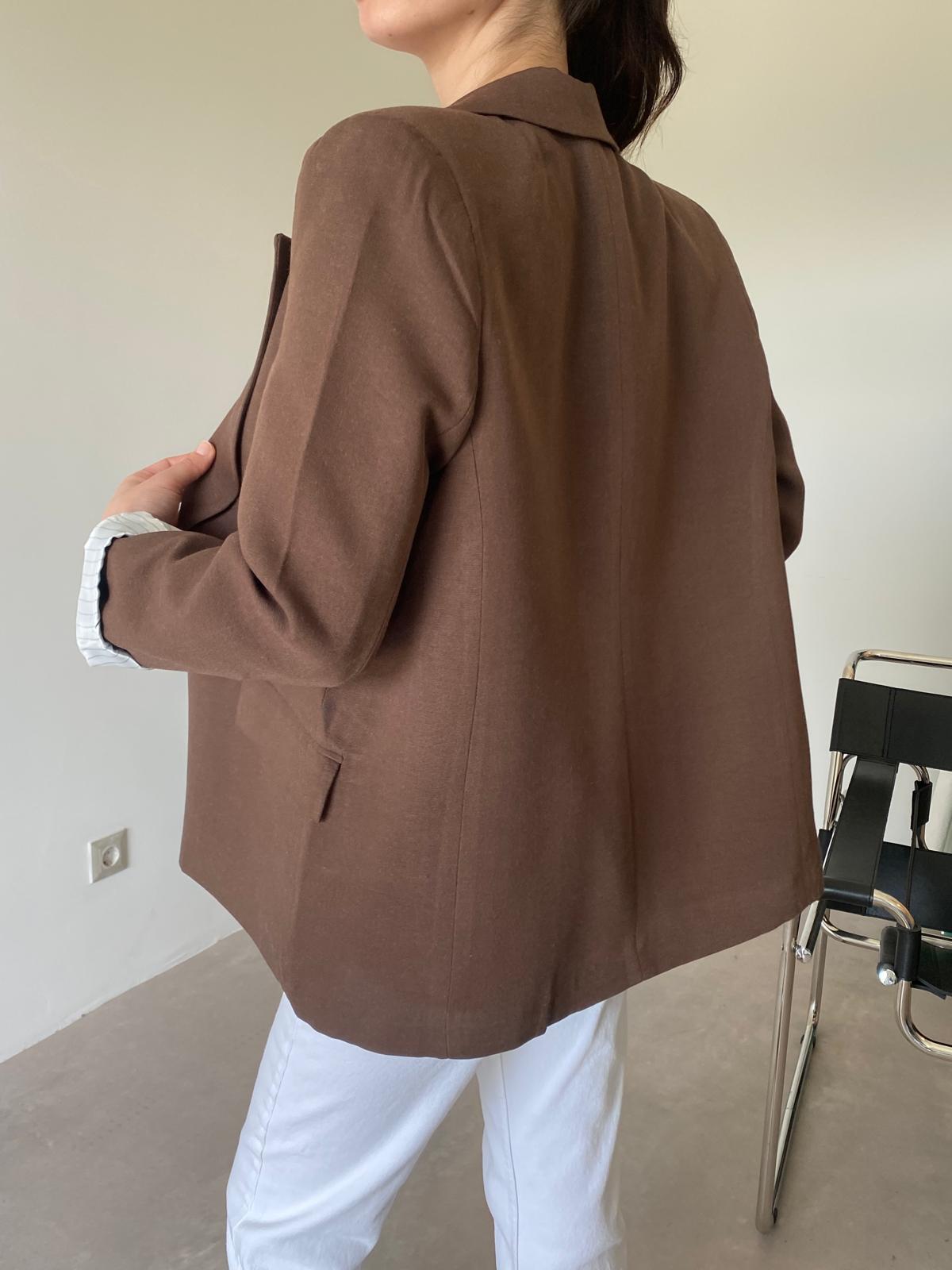 Kahve Astarlı Keten Blazer Ceket