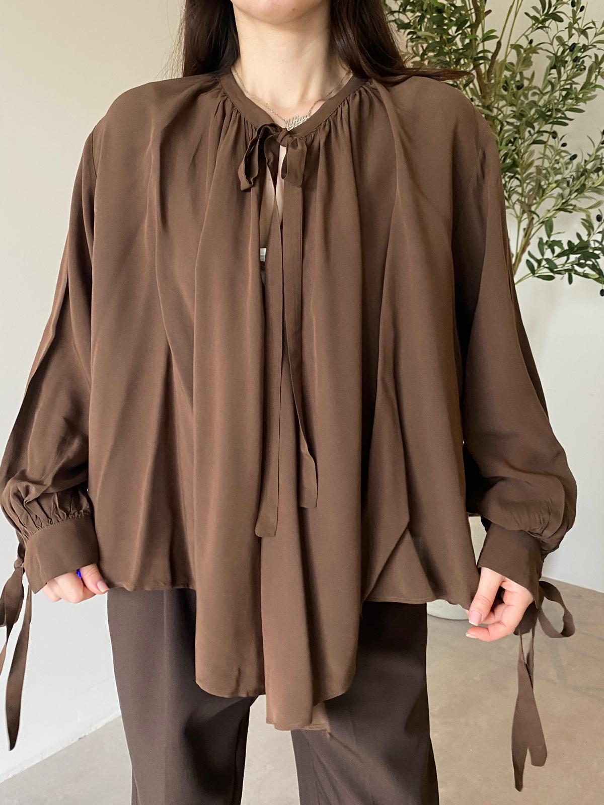 Kahve Bağlamalı Oversize Gömlek