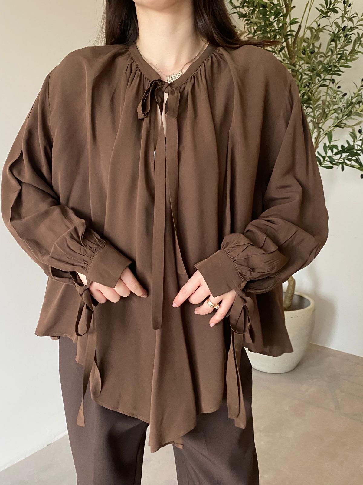Kahve Bağlamalı Oversize Gömlek