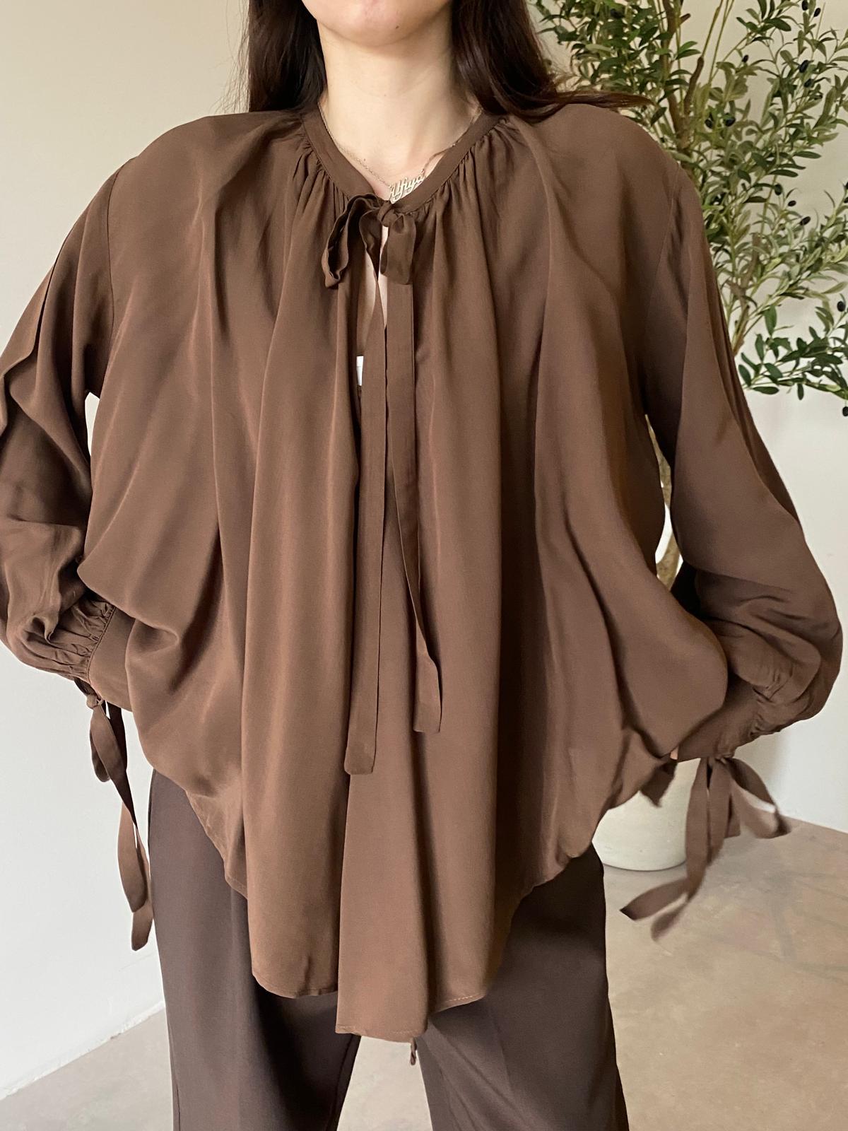 Kahve Bağlamalı Oversize Gömlek