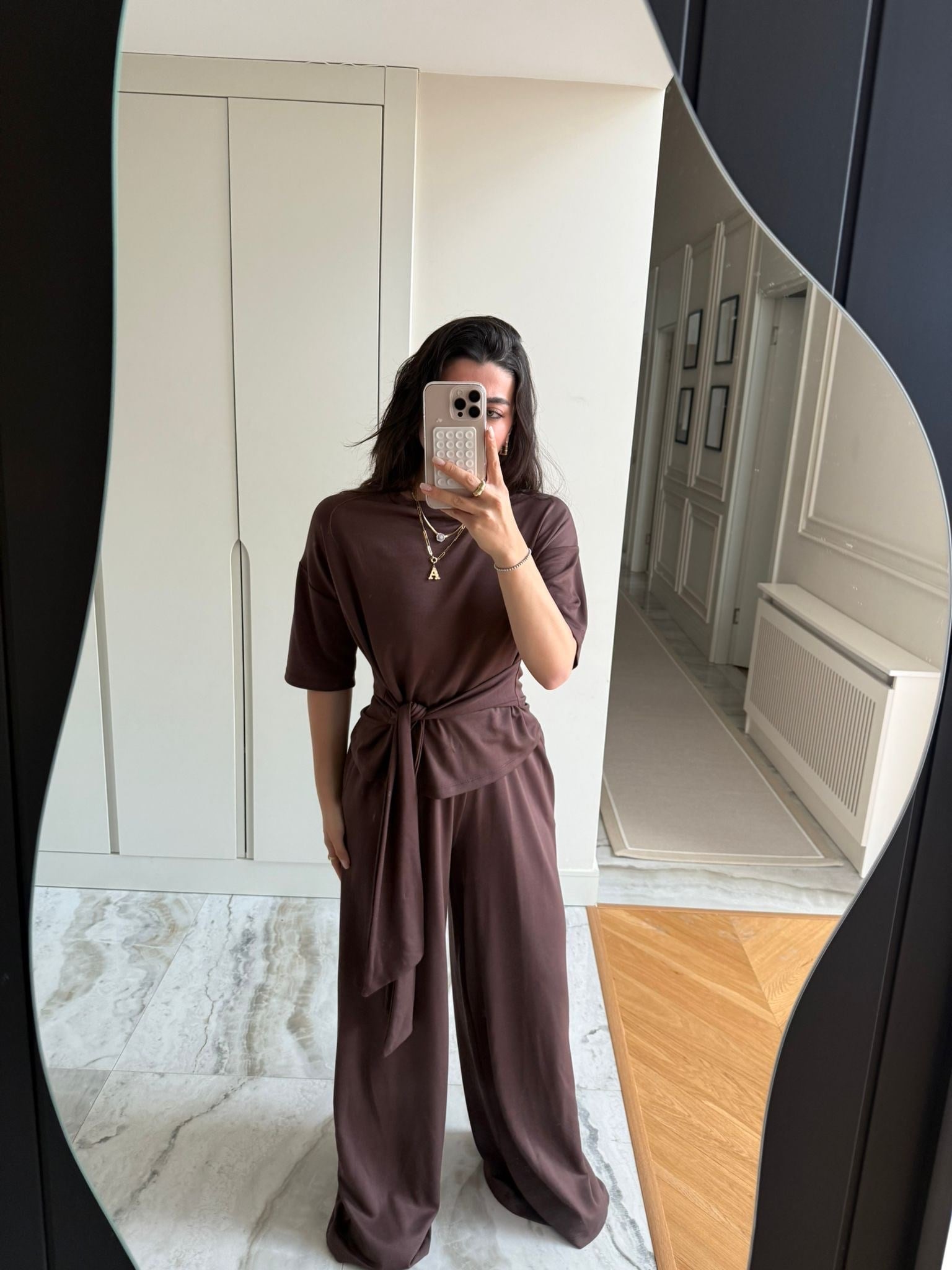 Kahve Bağlamalı Palazzo Modal  Takım