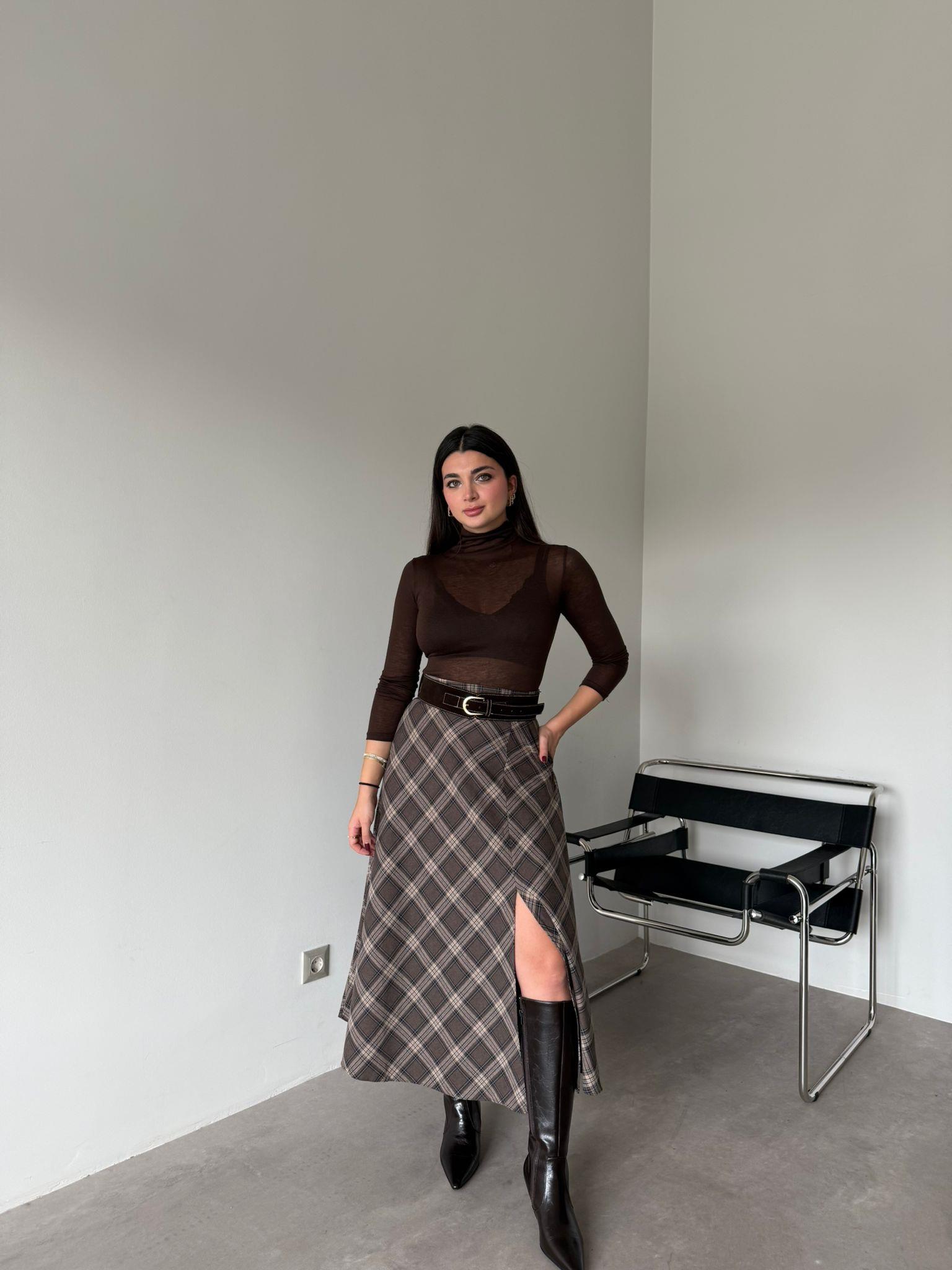 Kahve  Balıkçı Yaka Transparan Terra Bluz