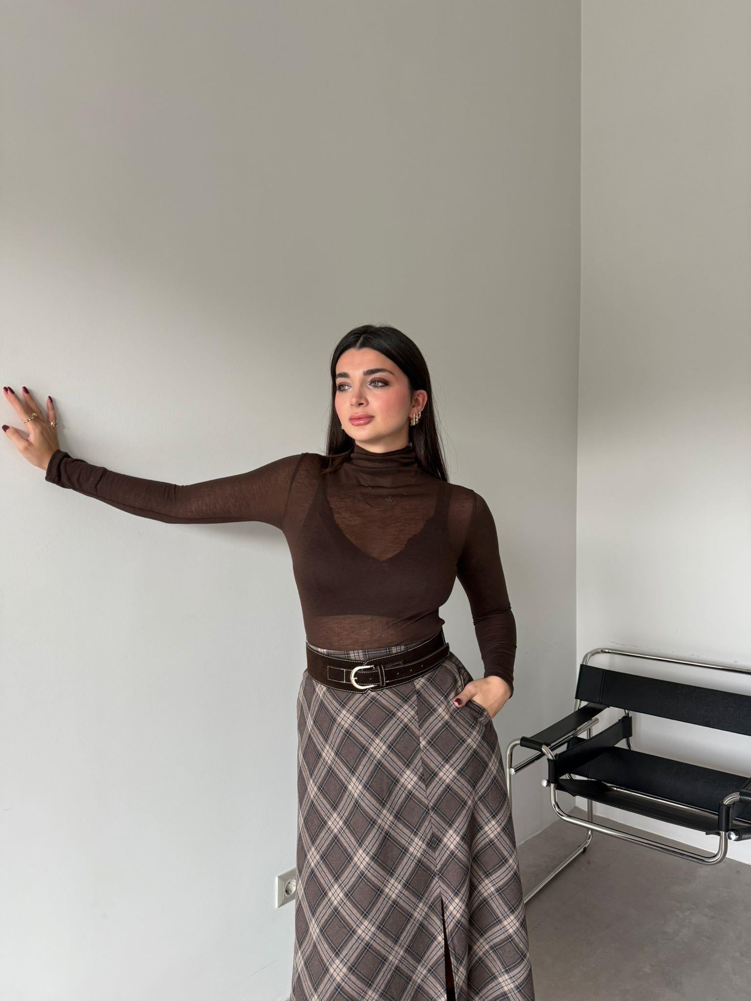 Kahve  Balıkçı Yaka Transparan Terra Bluz