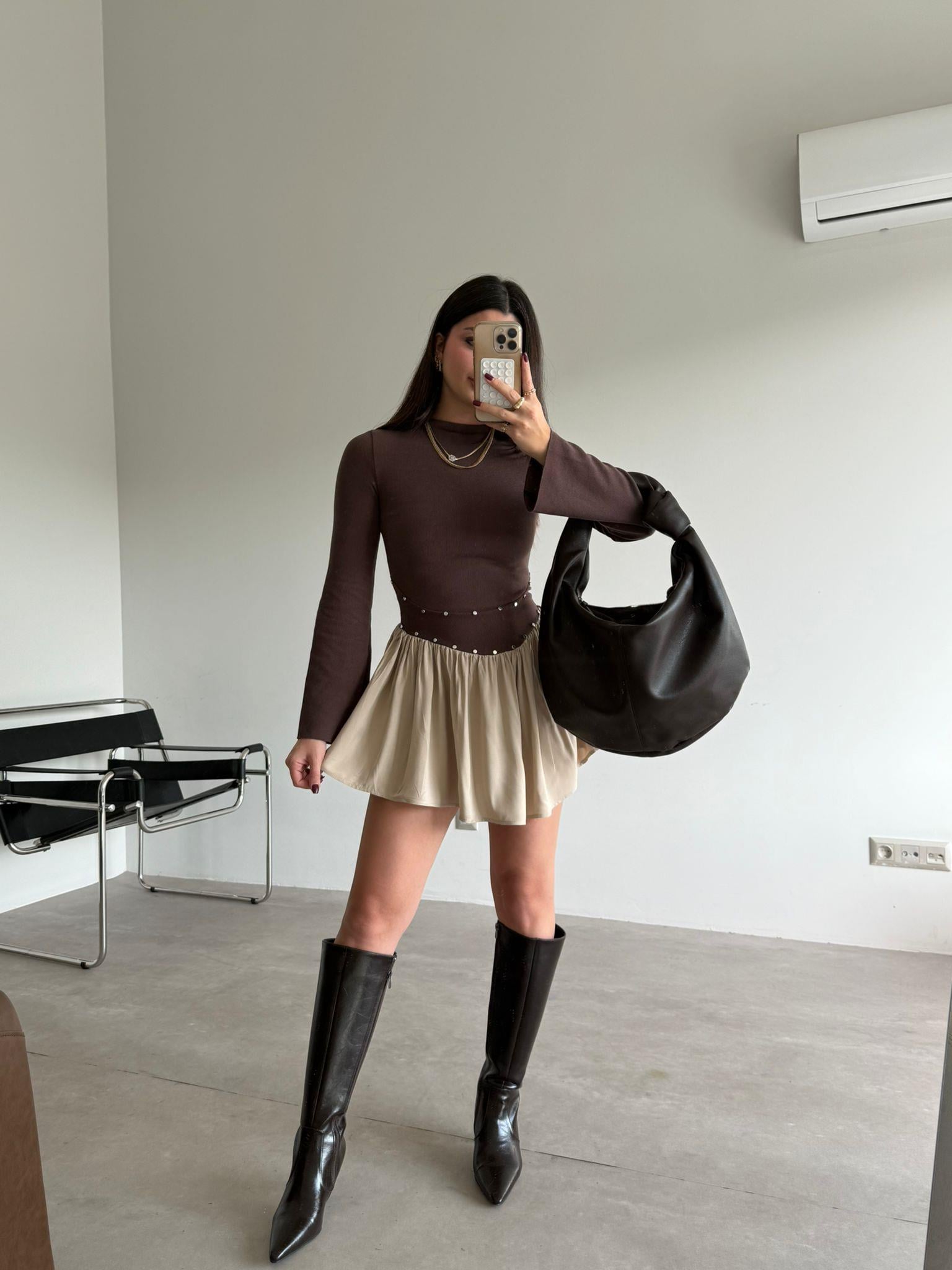 Kahve Bej Zımba Detaylı Elbise