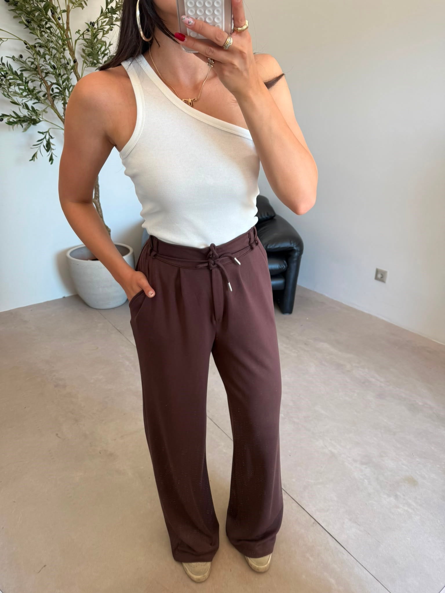 Kahve Beli Bağlamalı Bağcıklı Modal Pantolon