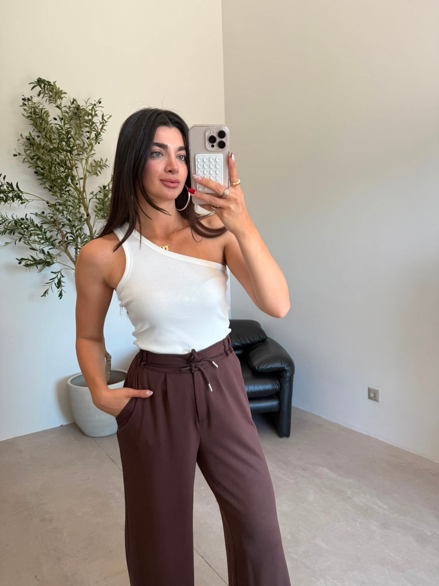 Kahve Beli Bağlamalı Bağcıklı Modal Pantolon