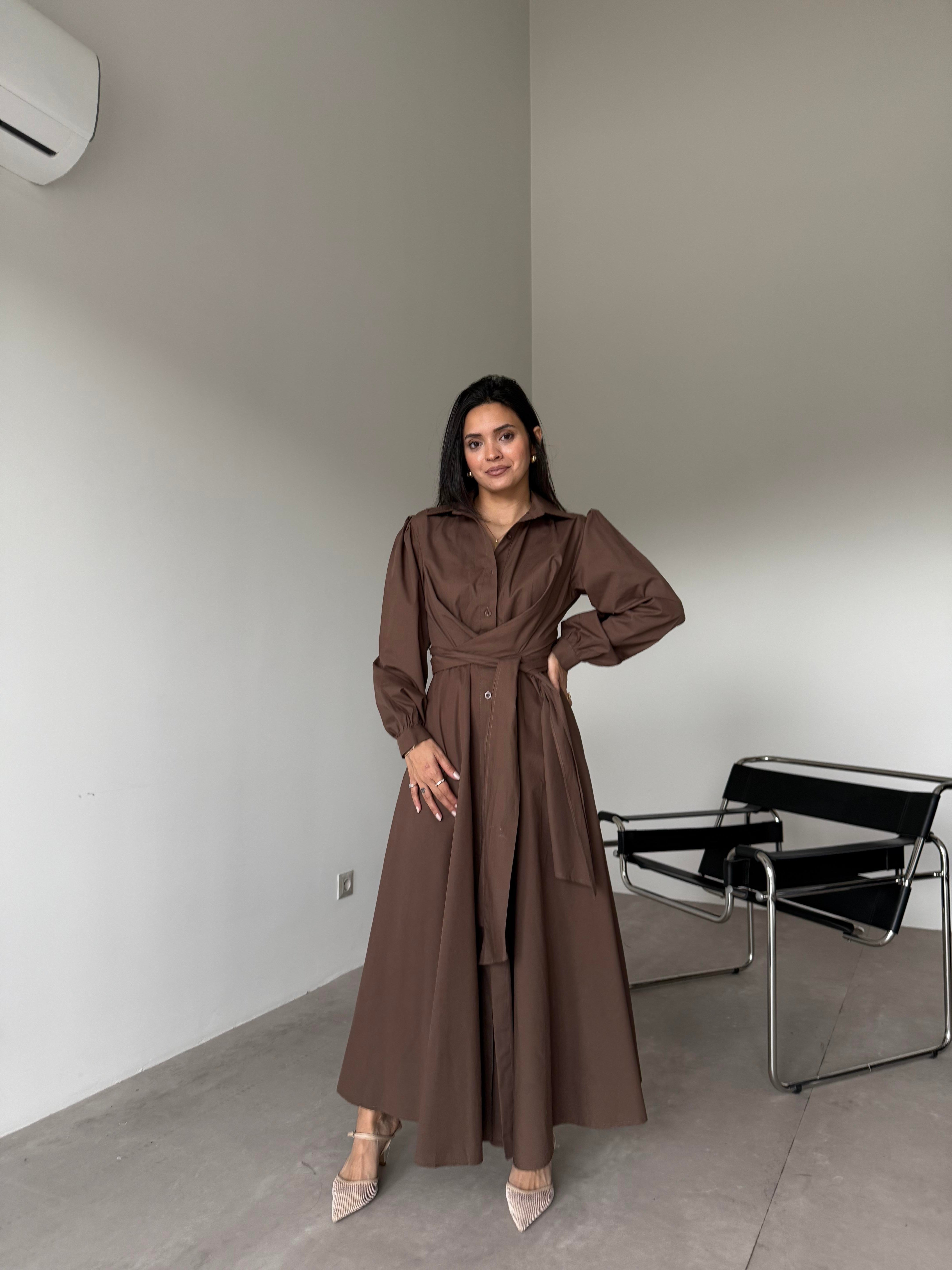 Kahve Beli Bağlamalı Gömlek Elbise