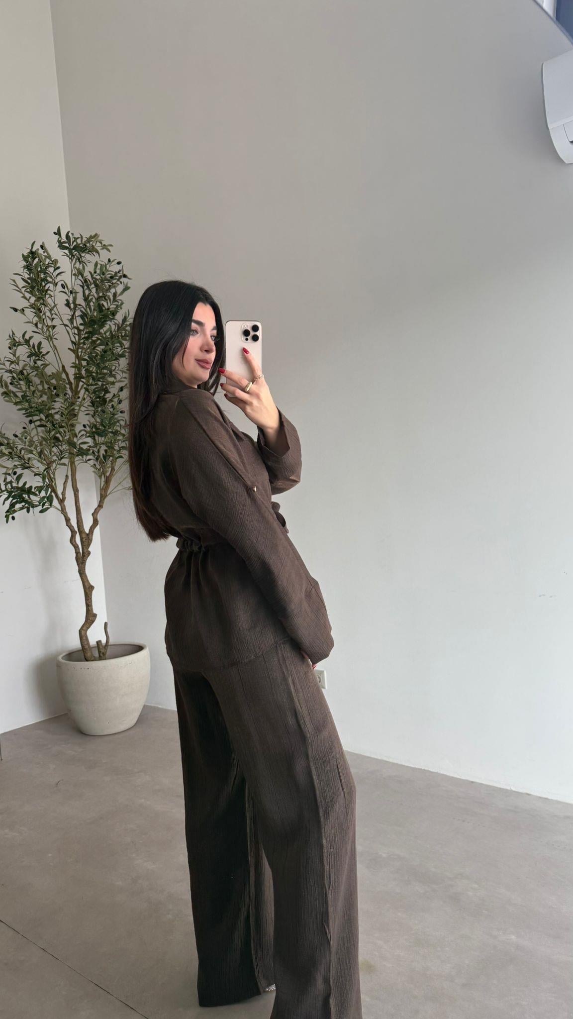 Kahve Beli Büzgülü Premium Kalite Parlak Takım