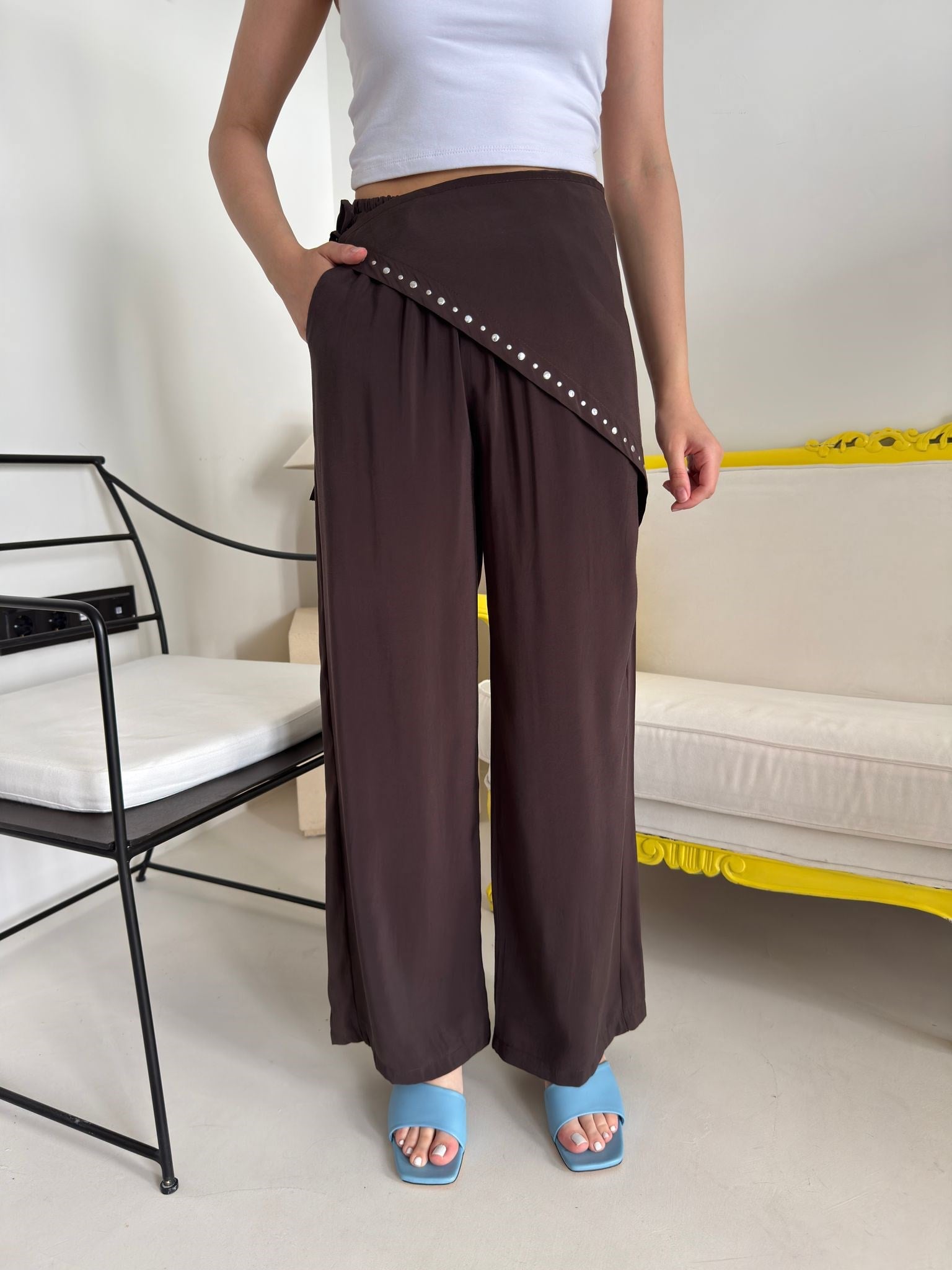 Kahve Beli Lastikli Drop Şallı Pantolon