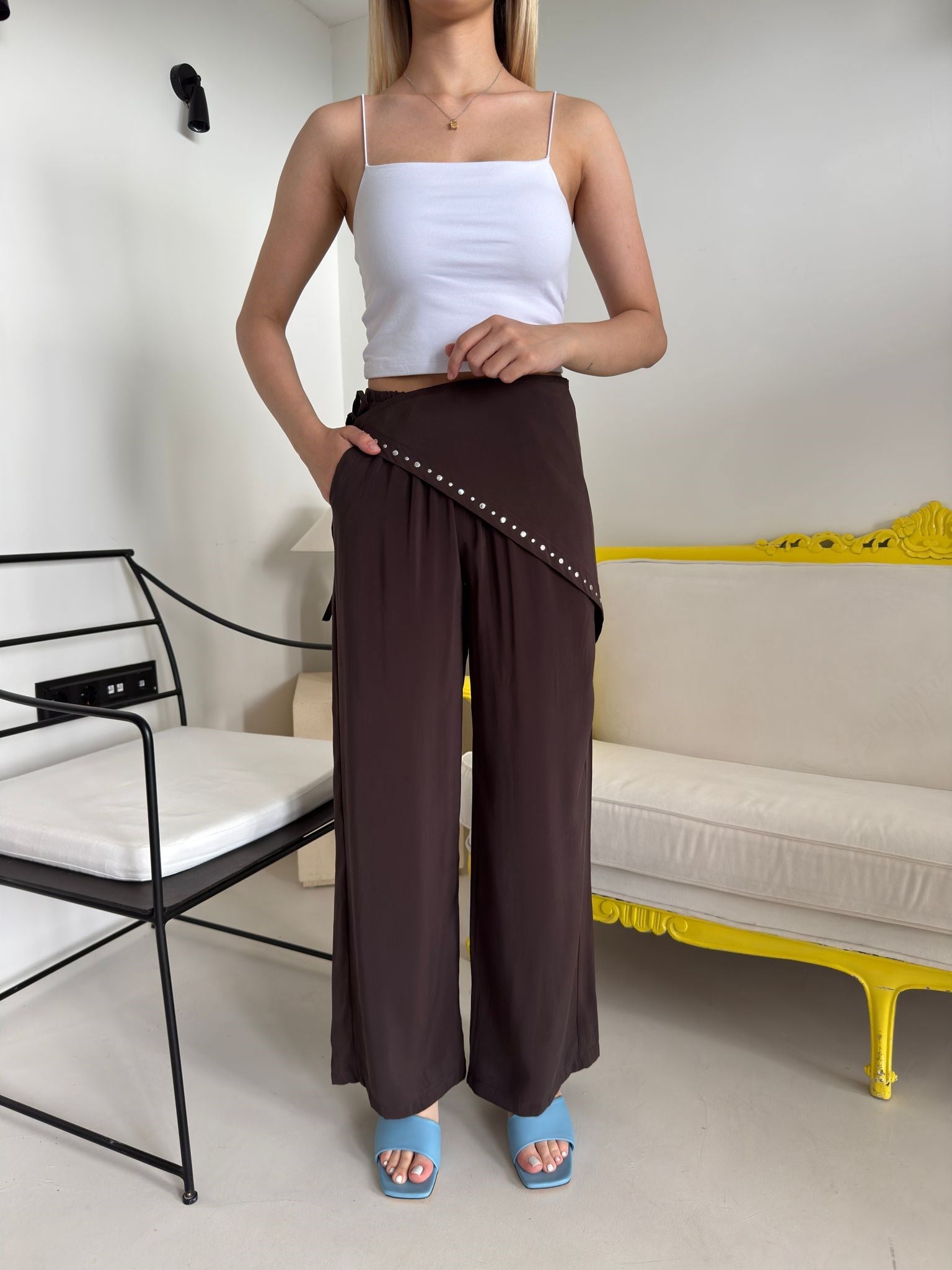 Kahve Beli Lastikli Drop Şallı Pantolon