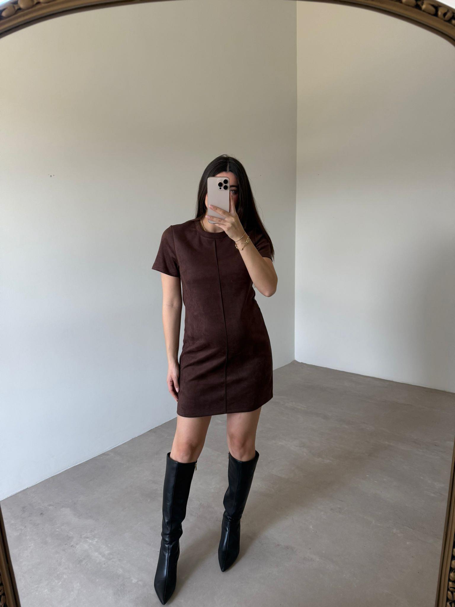 Kahve Biye Detaylı Mini Elbise