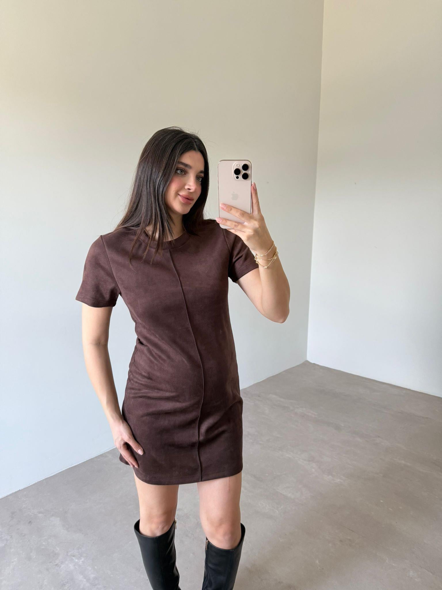 Kahve Biye Detaylı Mini Elbise