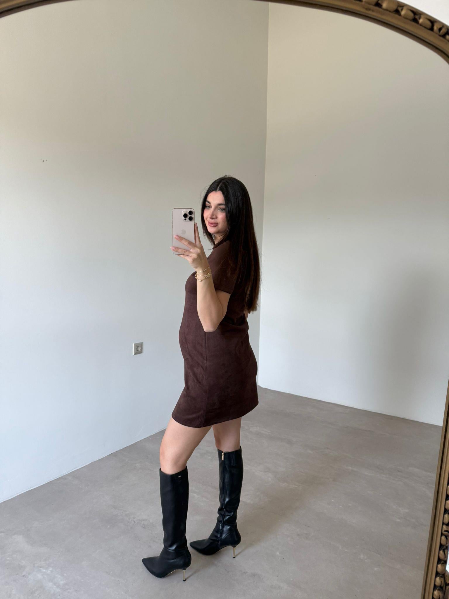 Kahve Biye Detaylı Mini Elbise