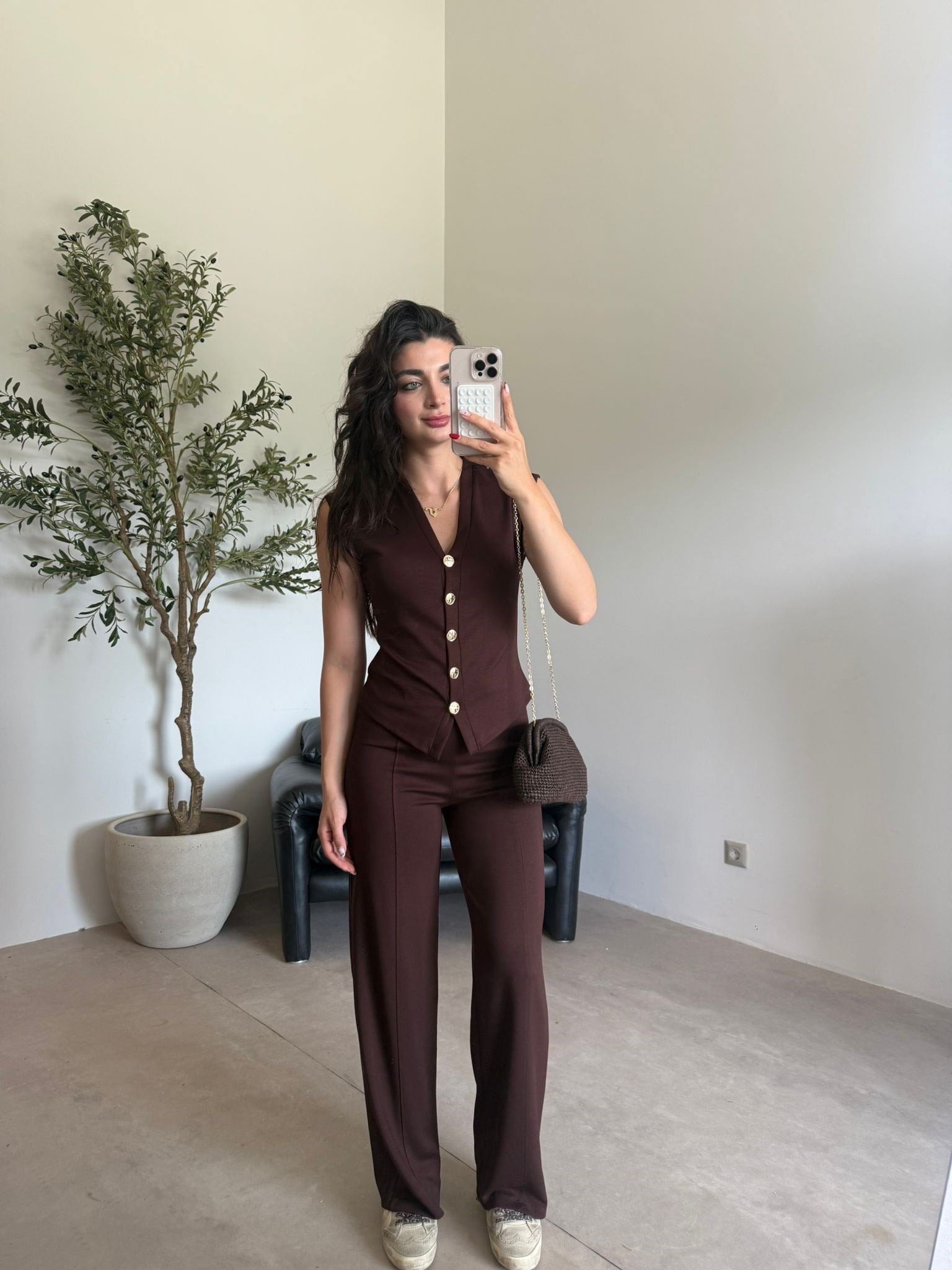 Kahve Biyeli Gold Düğmeli Yelek Takım