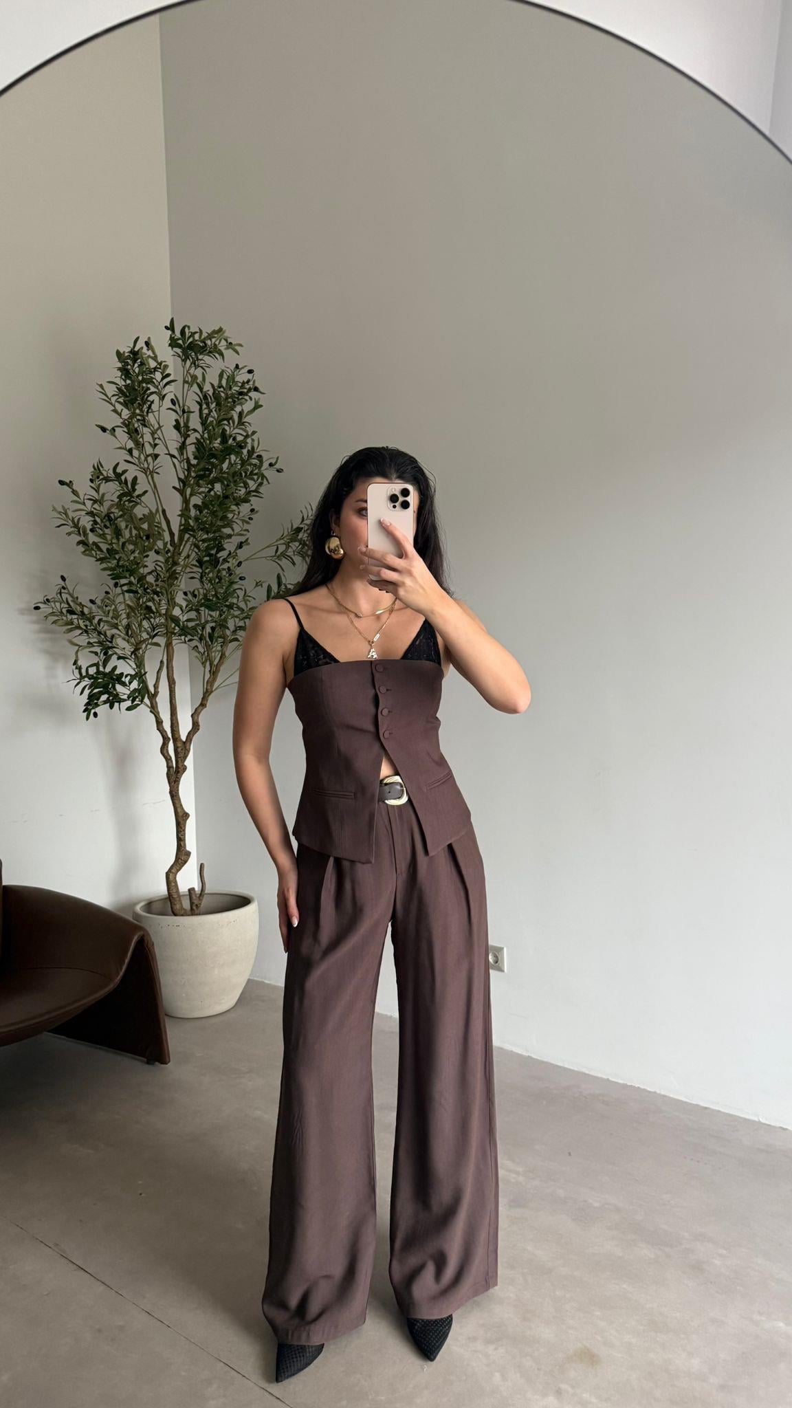 Kahve Büstiyerli Pantolon Takım