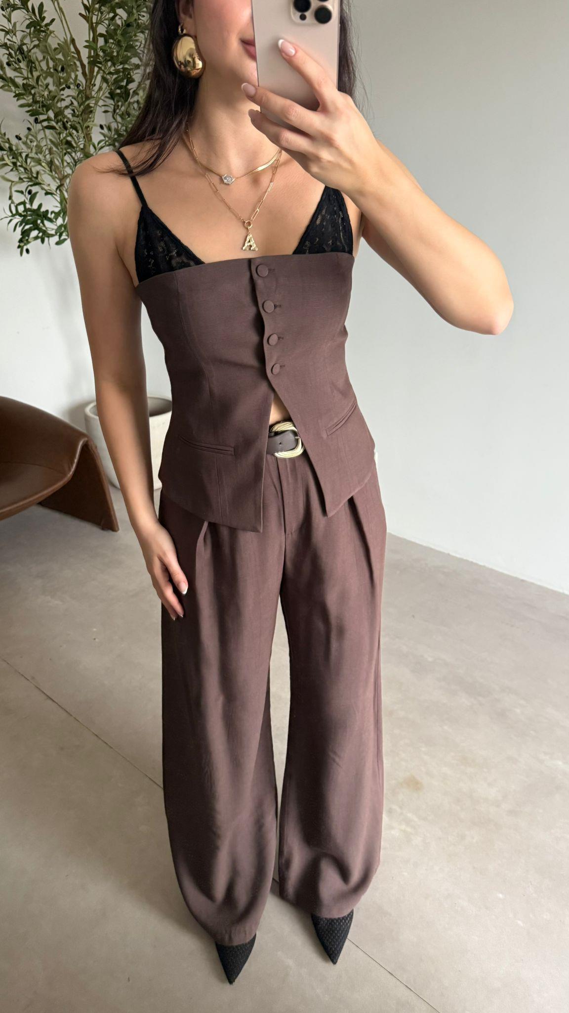 Kahve Büstiyerli Pantolon Takım