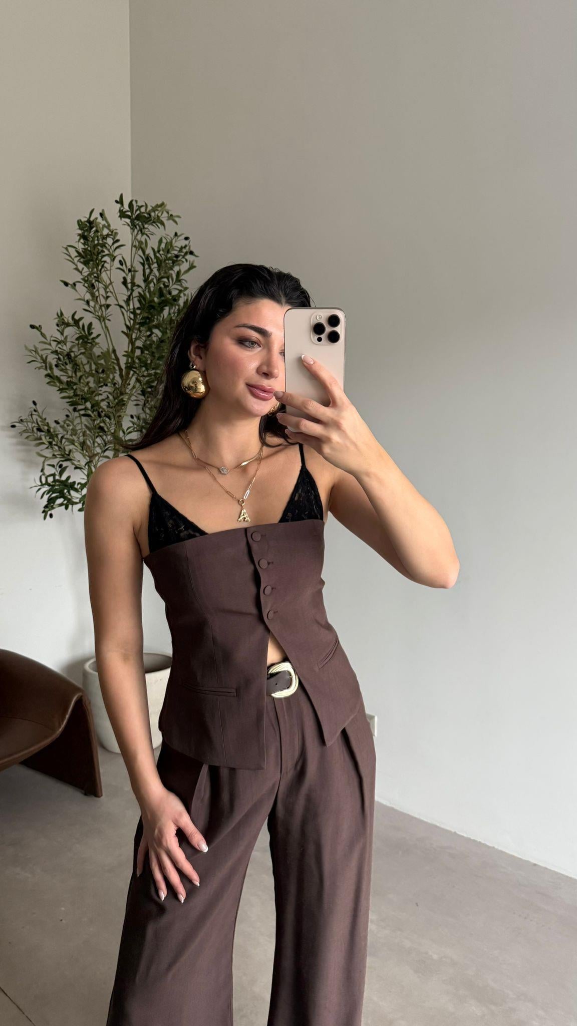 Kahve Büstiyerli Pantolon Takım