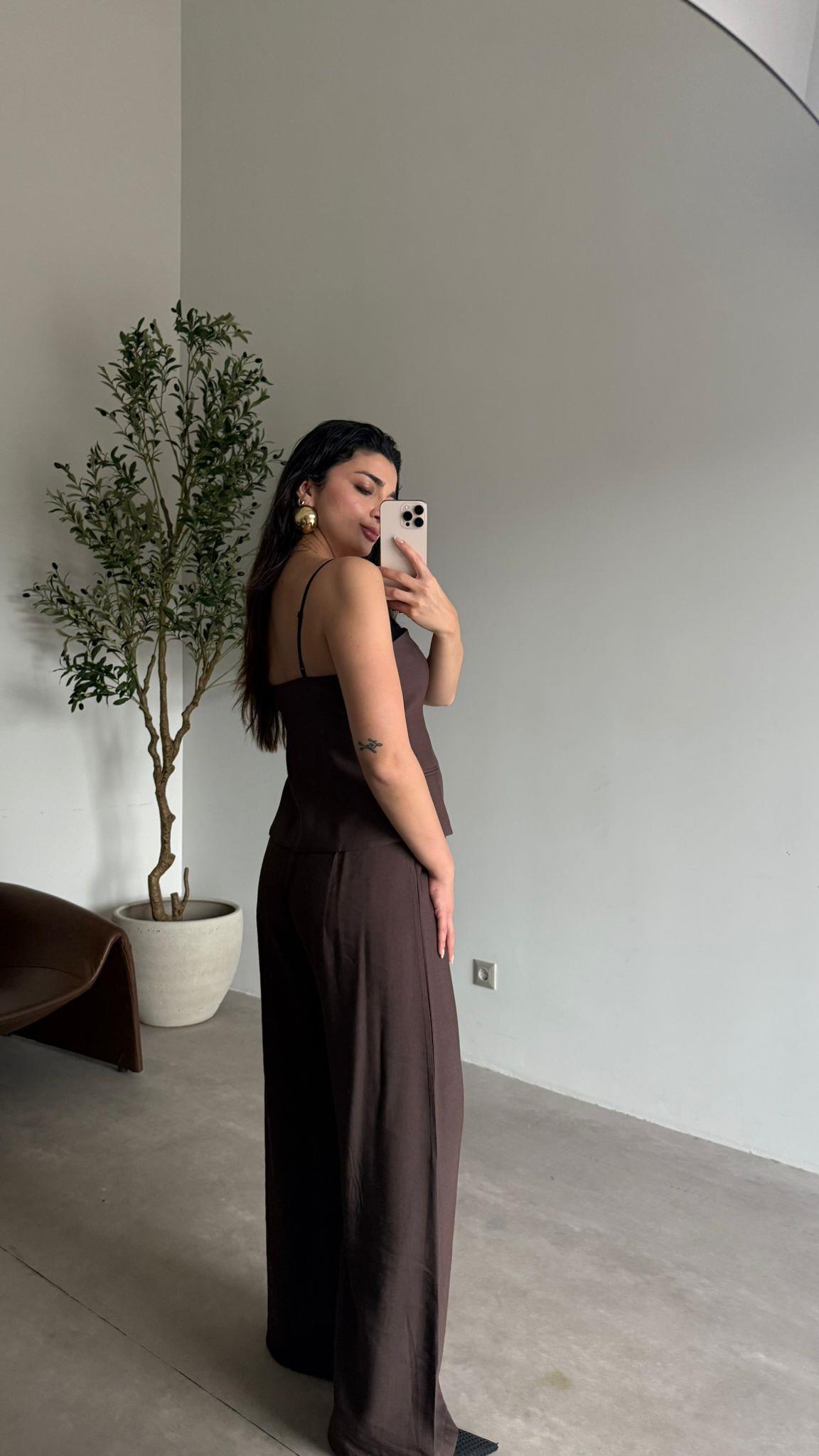 Kahve Büstiyerli Pantolon Takım