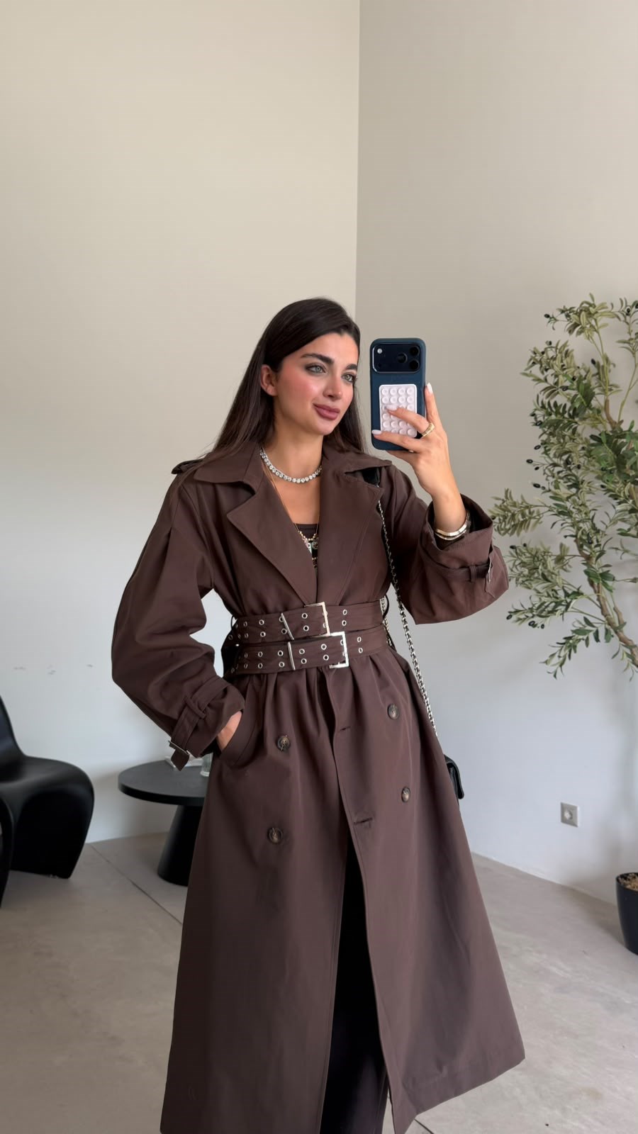 Kahve Çift Kuşaklı Trenç 
