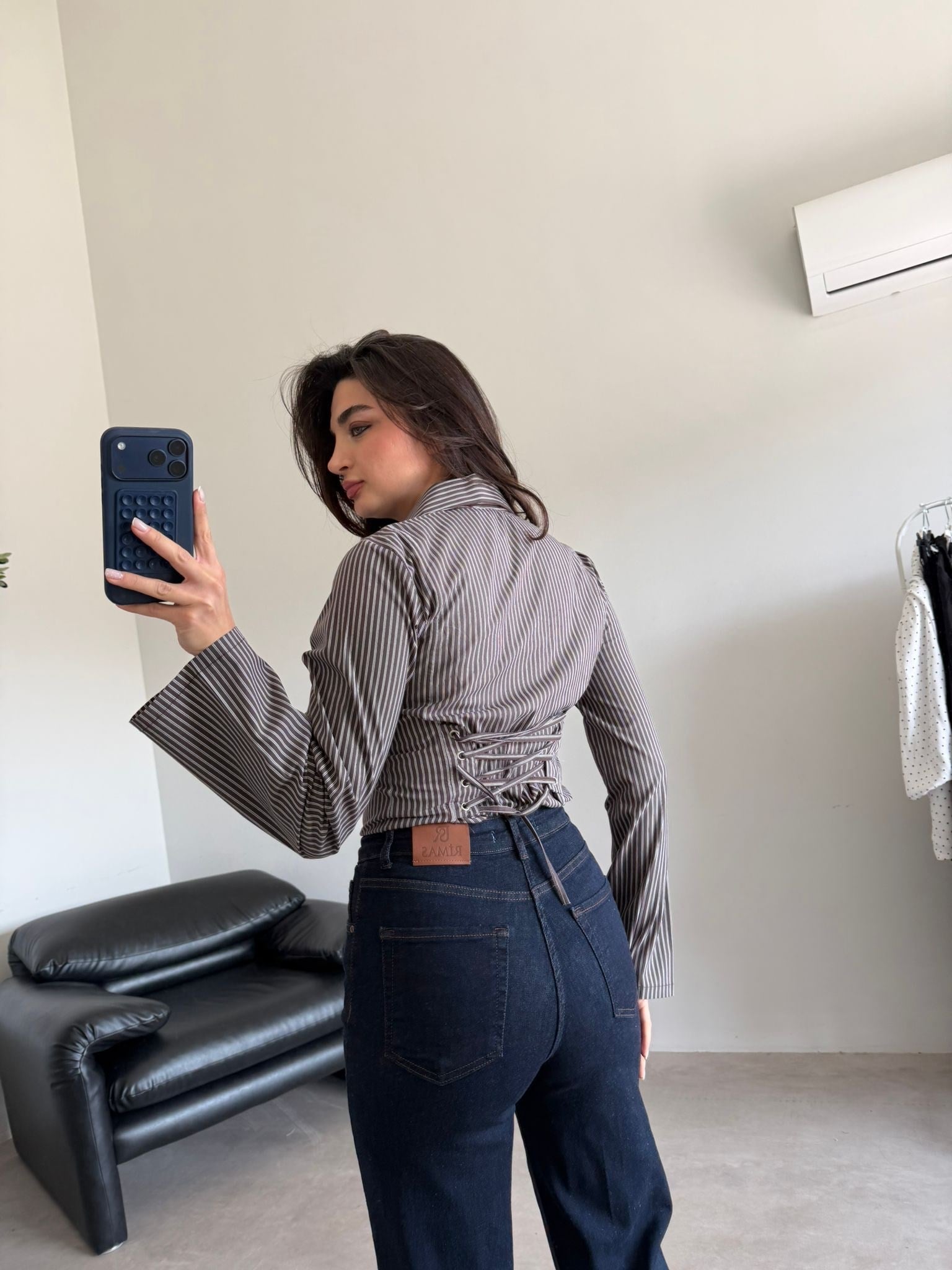 Kahve Çizgili Sırt Bağlamalı Gömlek