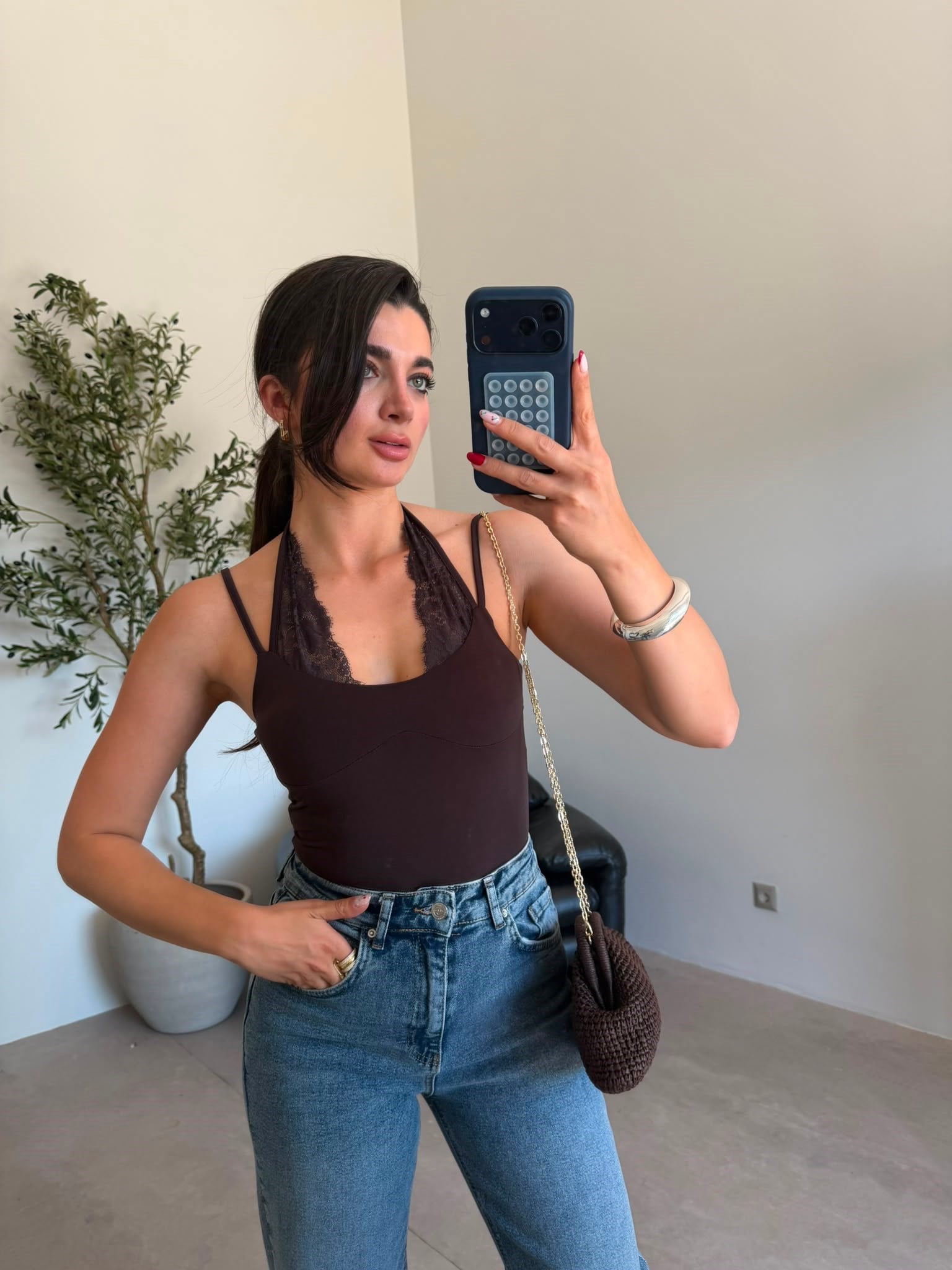 Kahve Dantelli Bağlamalı Bodysuit