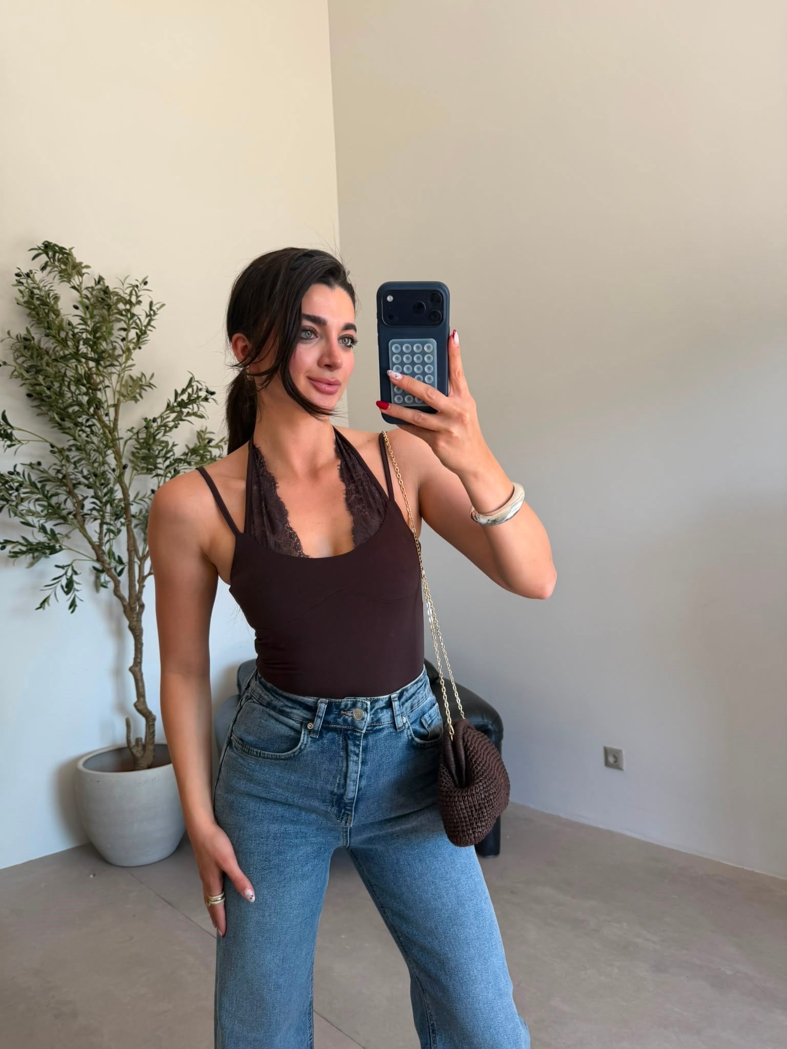 Kahve Dantelli Bağlamalı Bodysuit