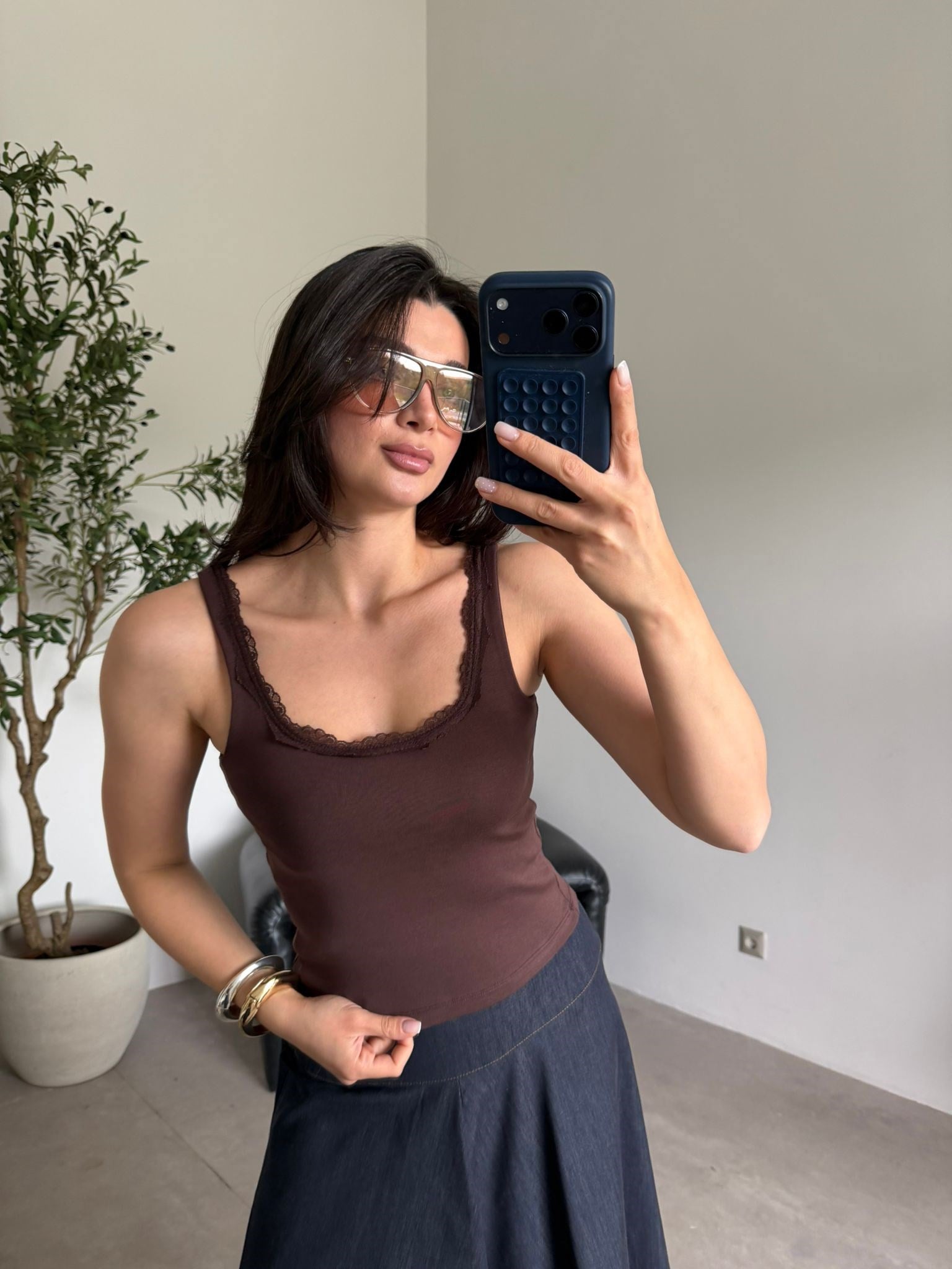 Kahve Dantelli Fitilli Crop (49cm)