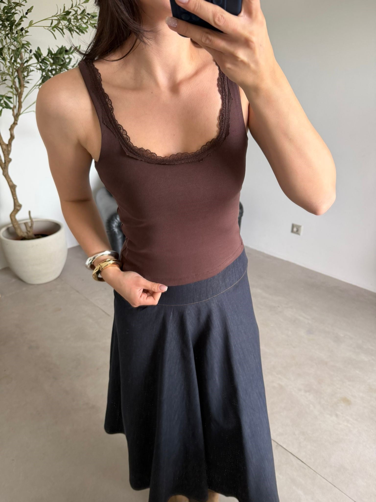Kahve Dantelli Fitilli Crop (49cm)