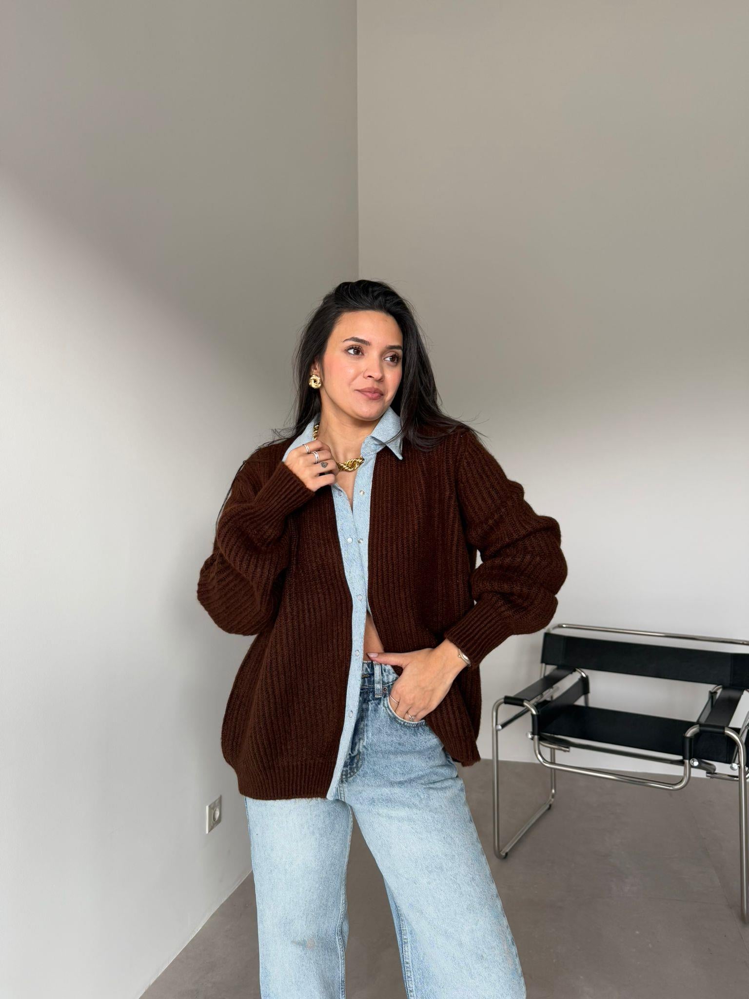 Kahve Denim Detaylı Hırka