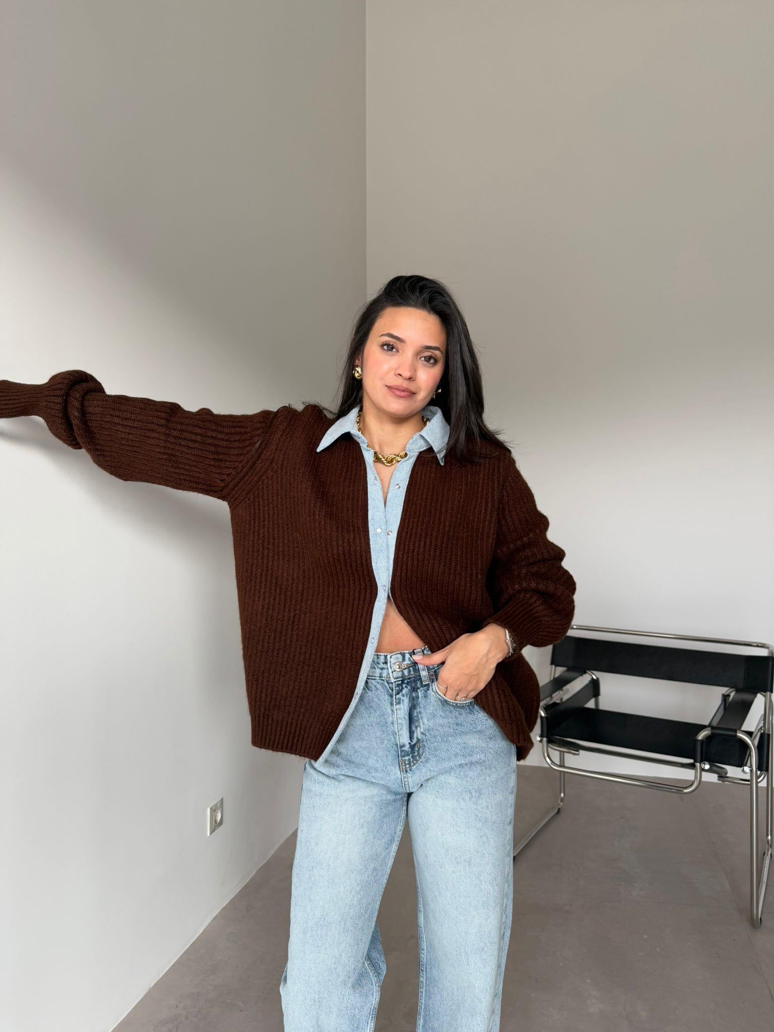 Kahve Denim Detaylı Hırka