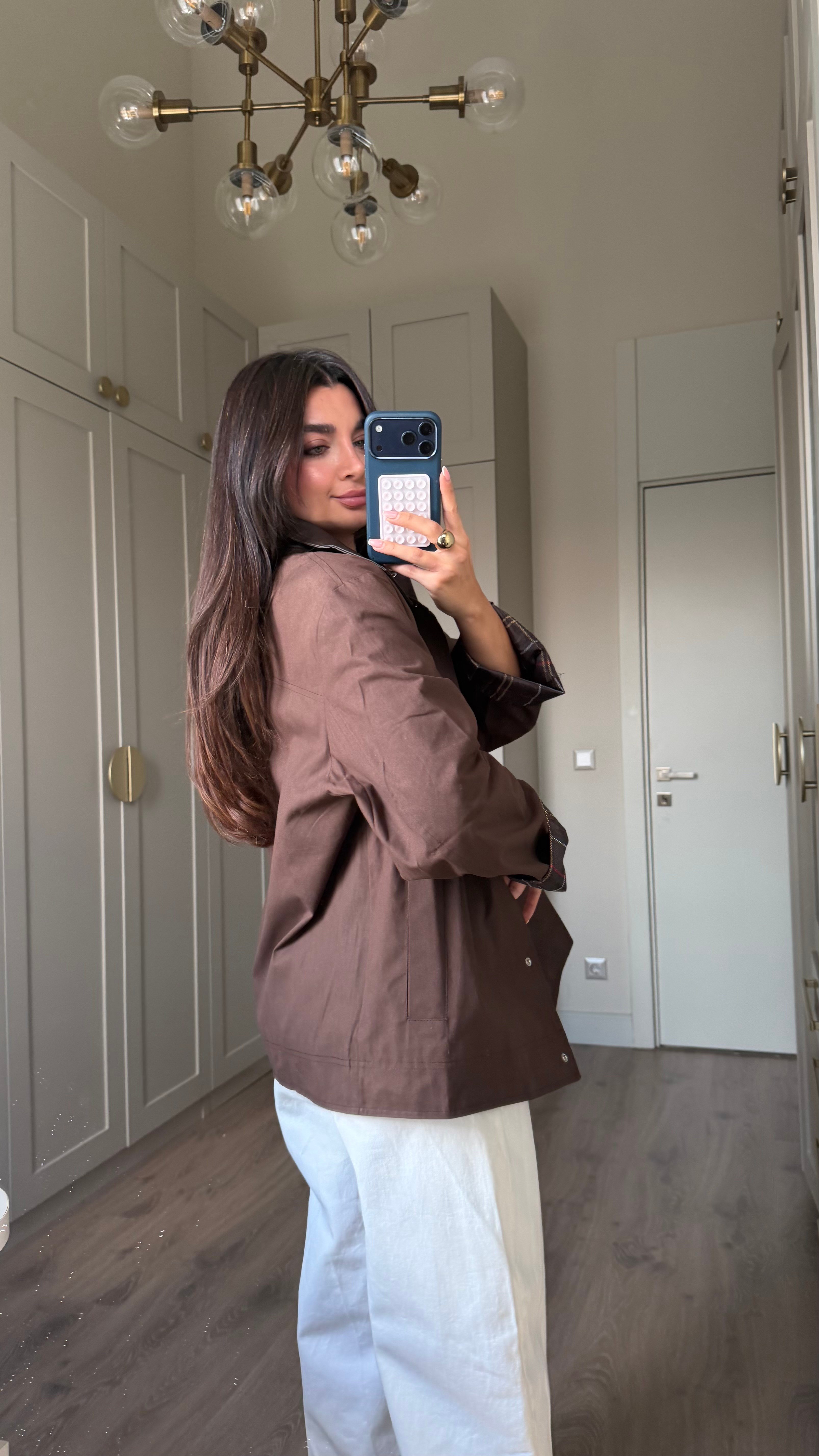 Kahve Deri Yakalı Çıtçıtlı Ceket
