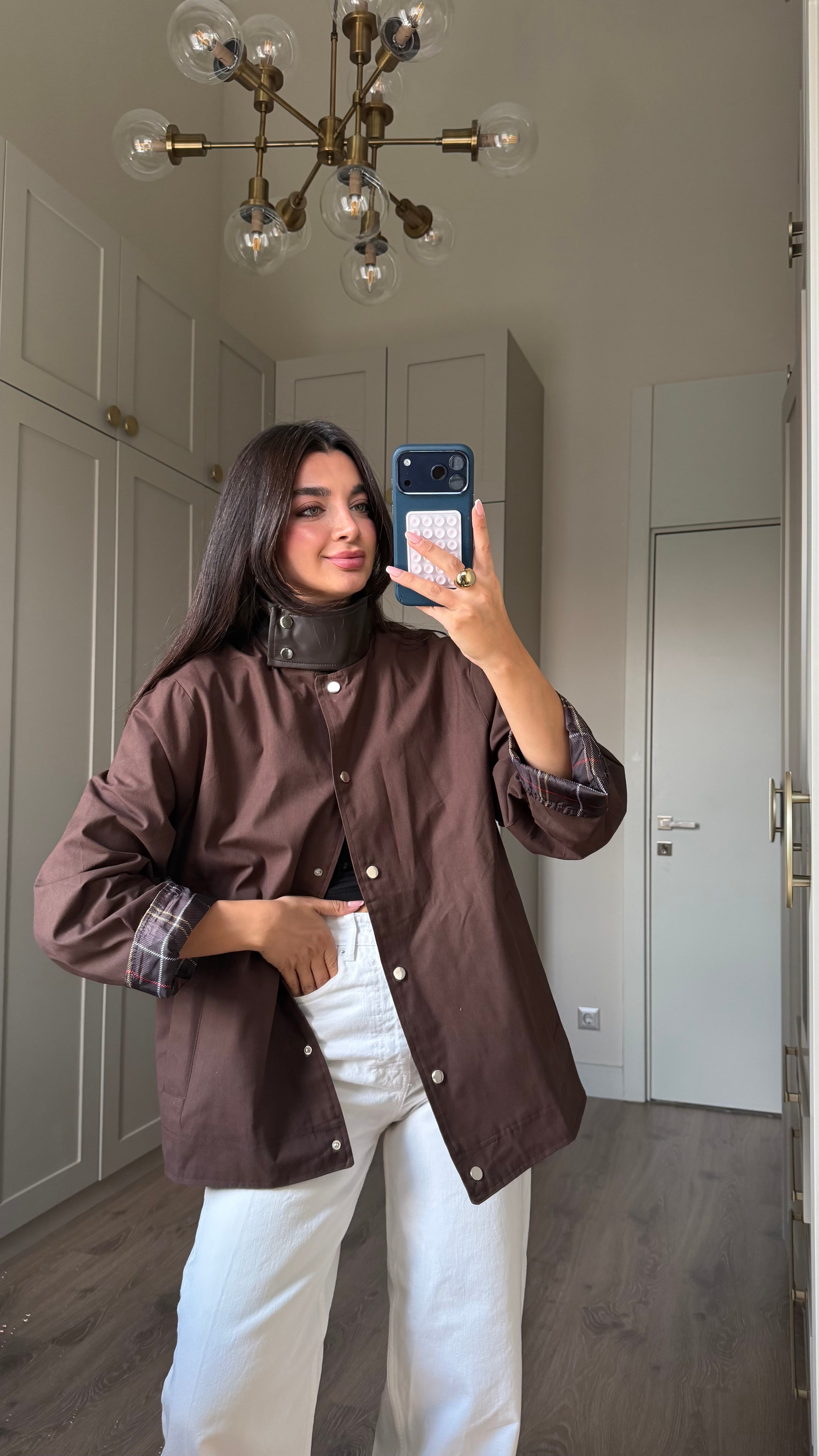 Kahve Deri Yakalı Çıtçıtlı Ceket