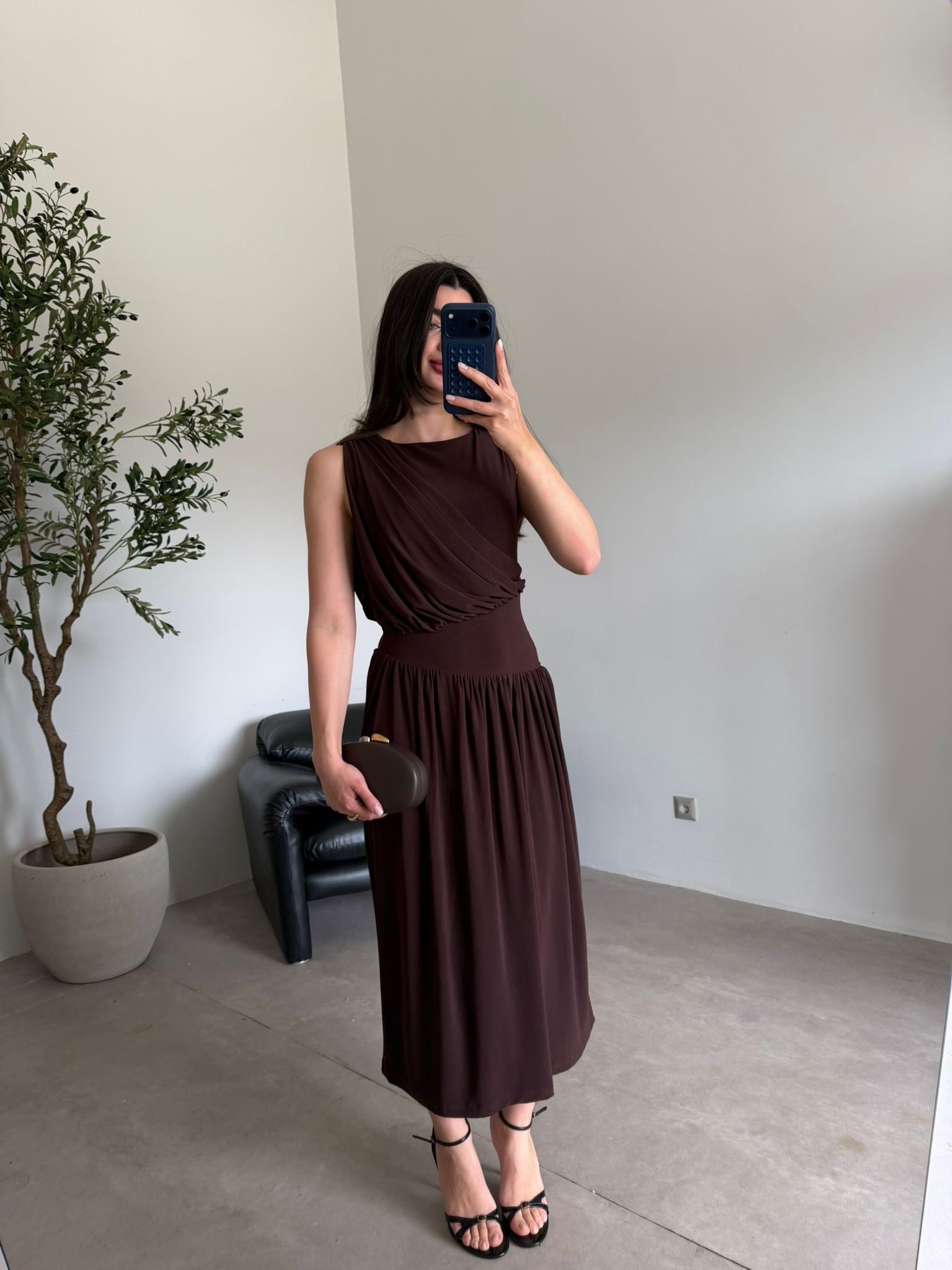 Kahve Drapeli Sıfır Kol Modal Elbise