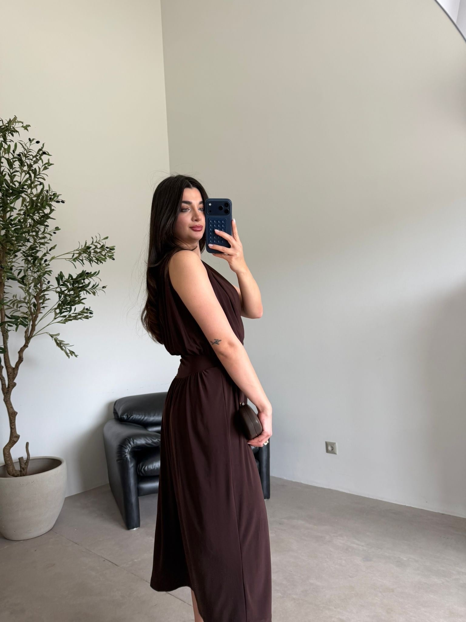 Kahve Drapeli Sıfır Kol Modal Elbise