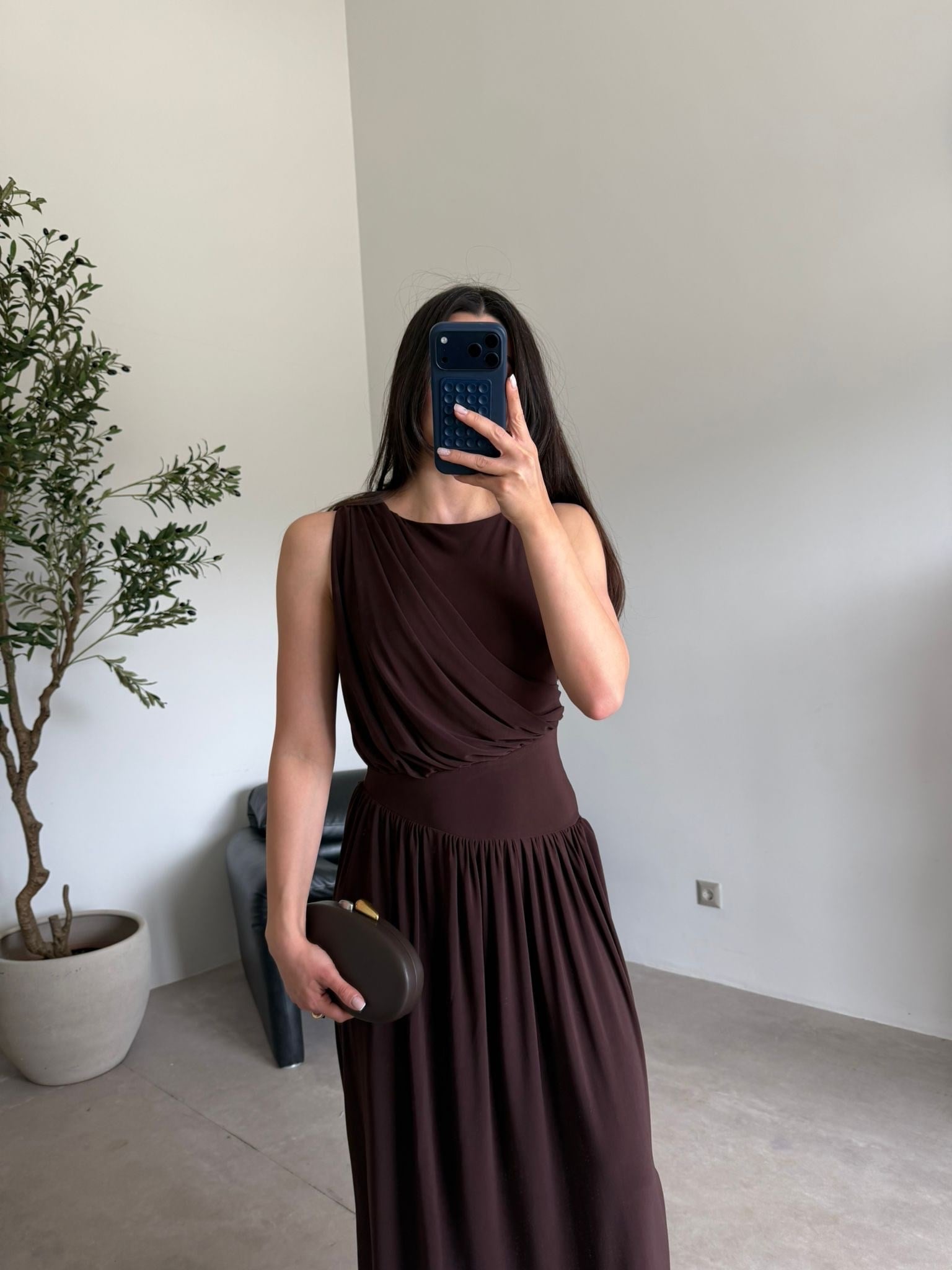 Kahve Drapeli Sıfır Kol Modal Elbise