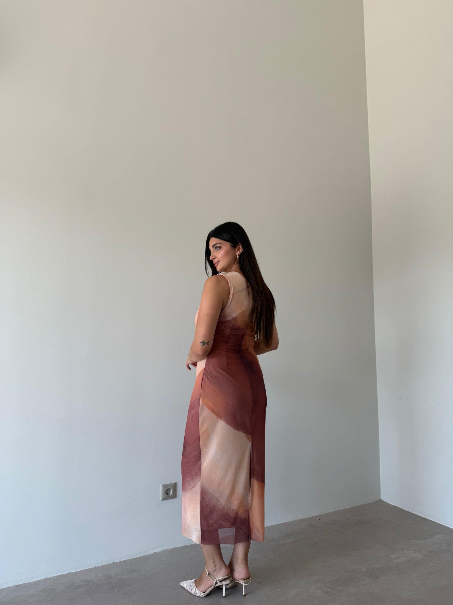 Kahve Drapeli Toka Detaylı Tül Elbise