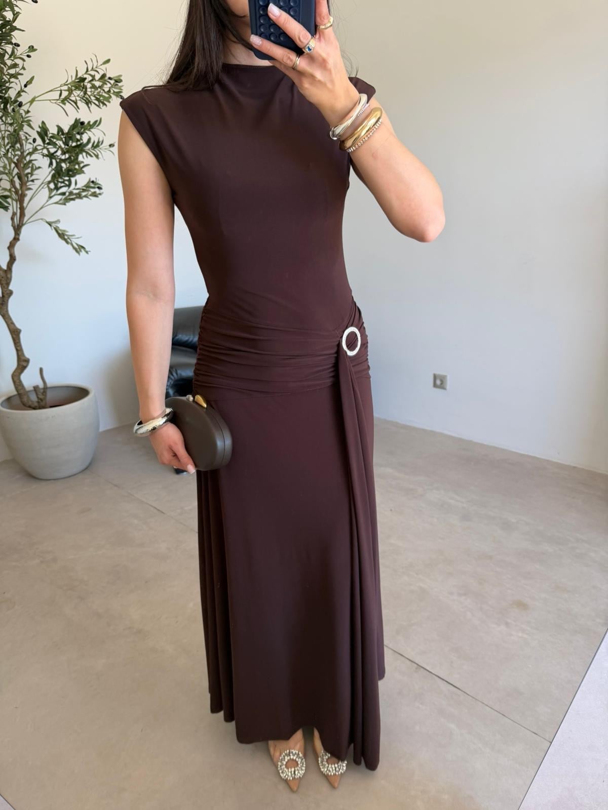 Kahve Drapeli Tokalı Modal Elbise