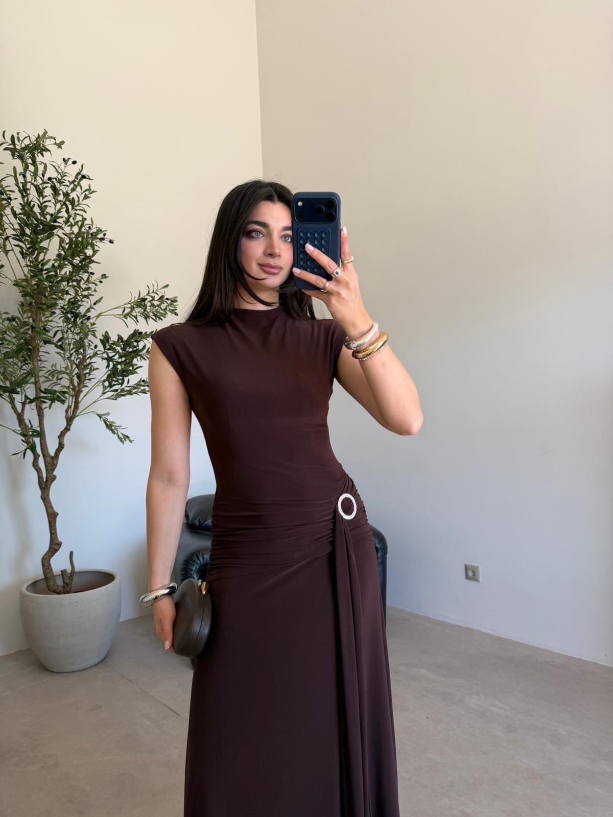 Kahve Drapeli Tokalı Modal Elbise