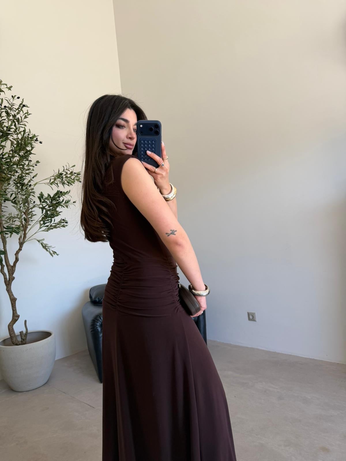 Kahve Drapeli Tokalı Modal Elbise